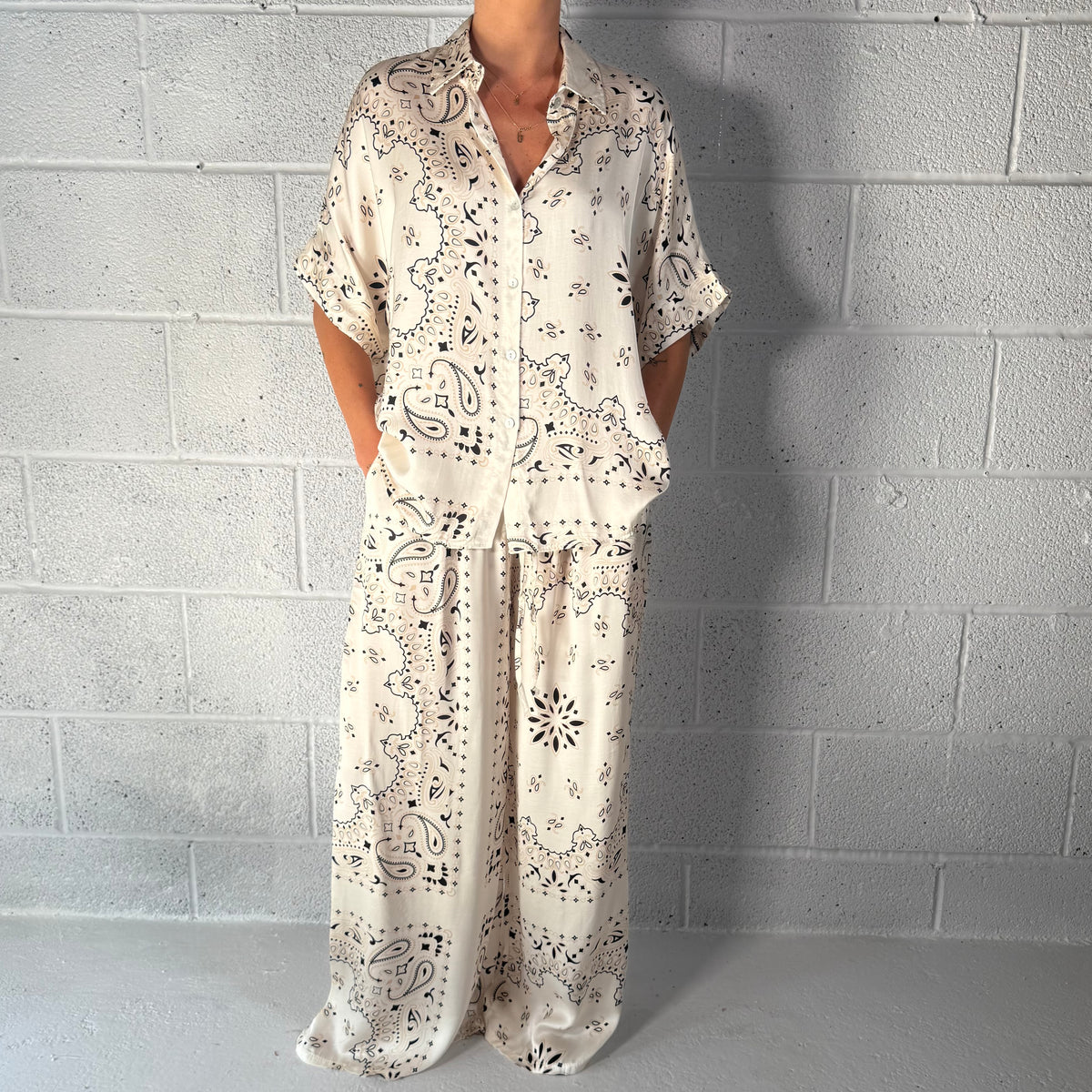 ‘COCONUT’ CREAM BANDANA SILK TROUSERS CO-ORD