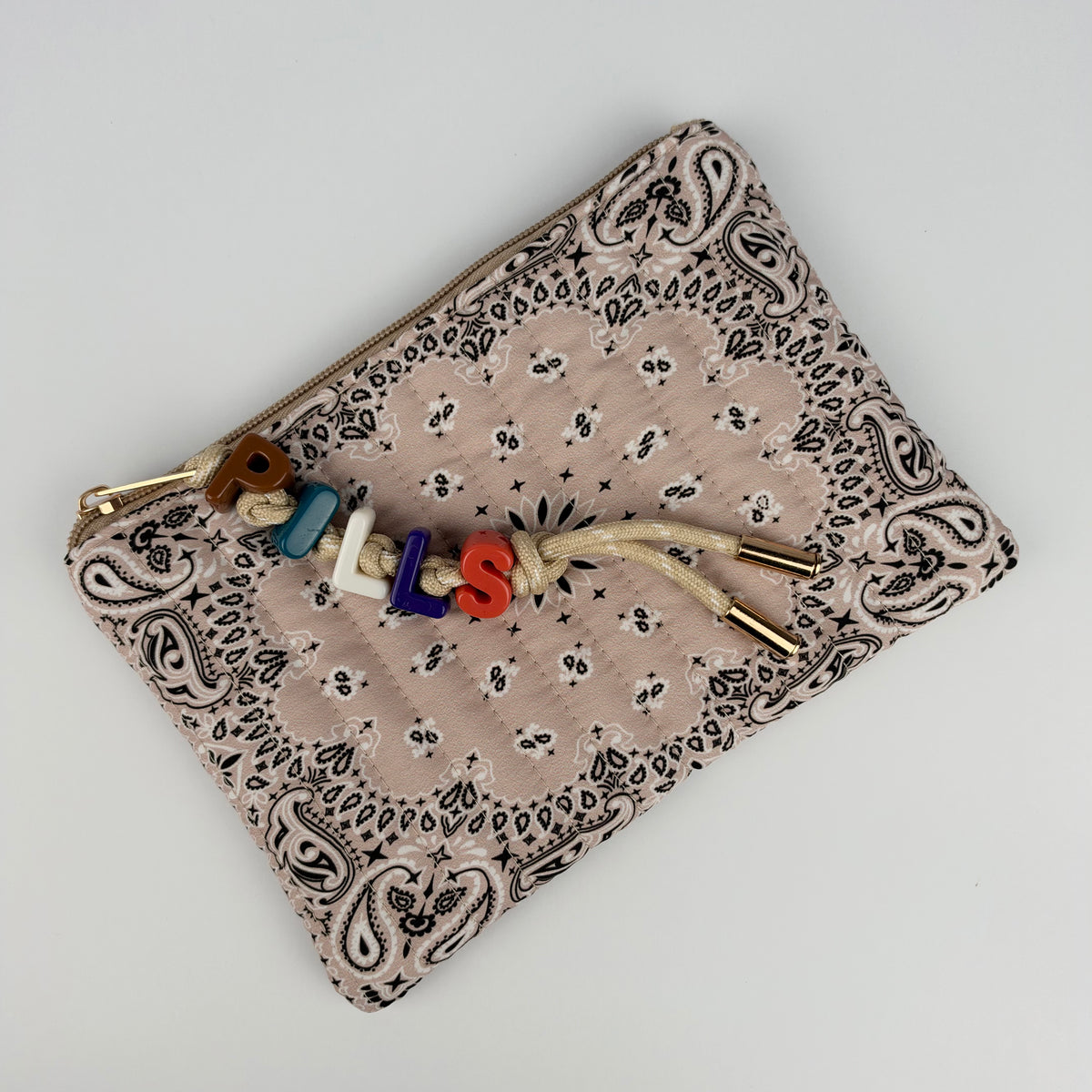 BEIGE BESPOKE CHUNKY LETTER BEAD BANDANA ZIP POUCH