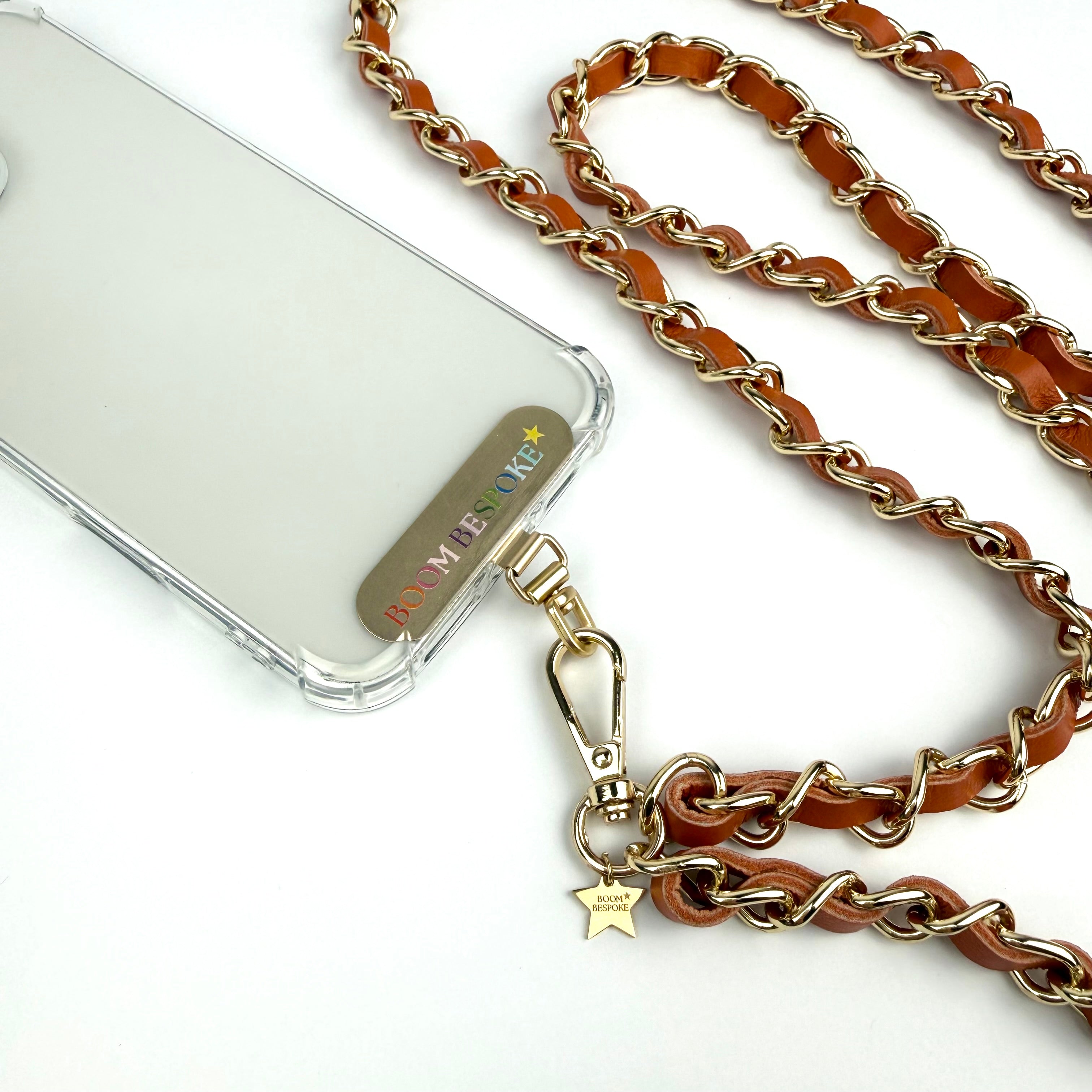 ‘VIT C’ ORANGE LEATHER GOLD CHAIN CROSSBODY PHONE STRAP