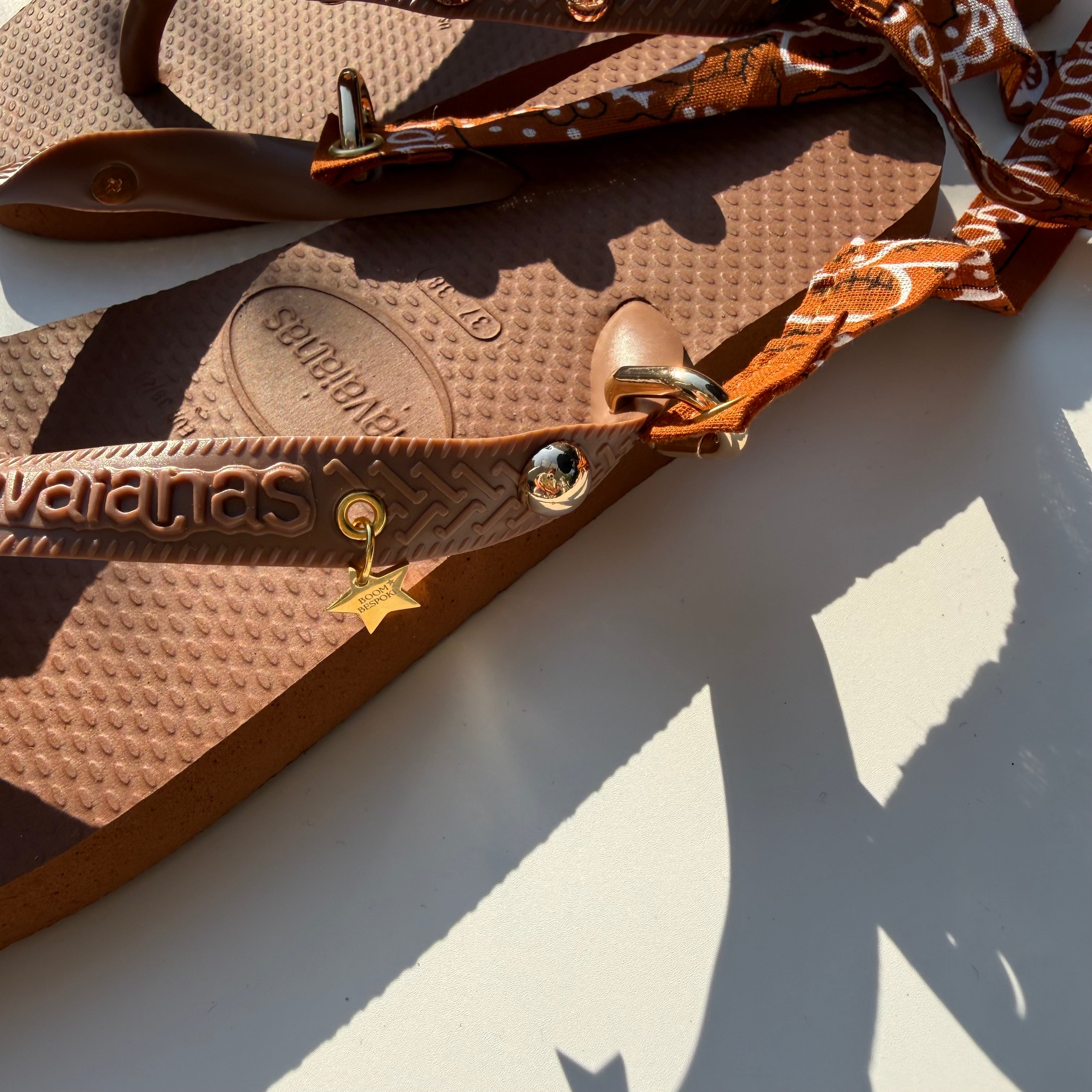 ‘TANNED’ GOLD STUDDED TAN BANDANA HAVAIANAS TOP FLIP FLOPS BY BOOM BESPOKE