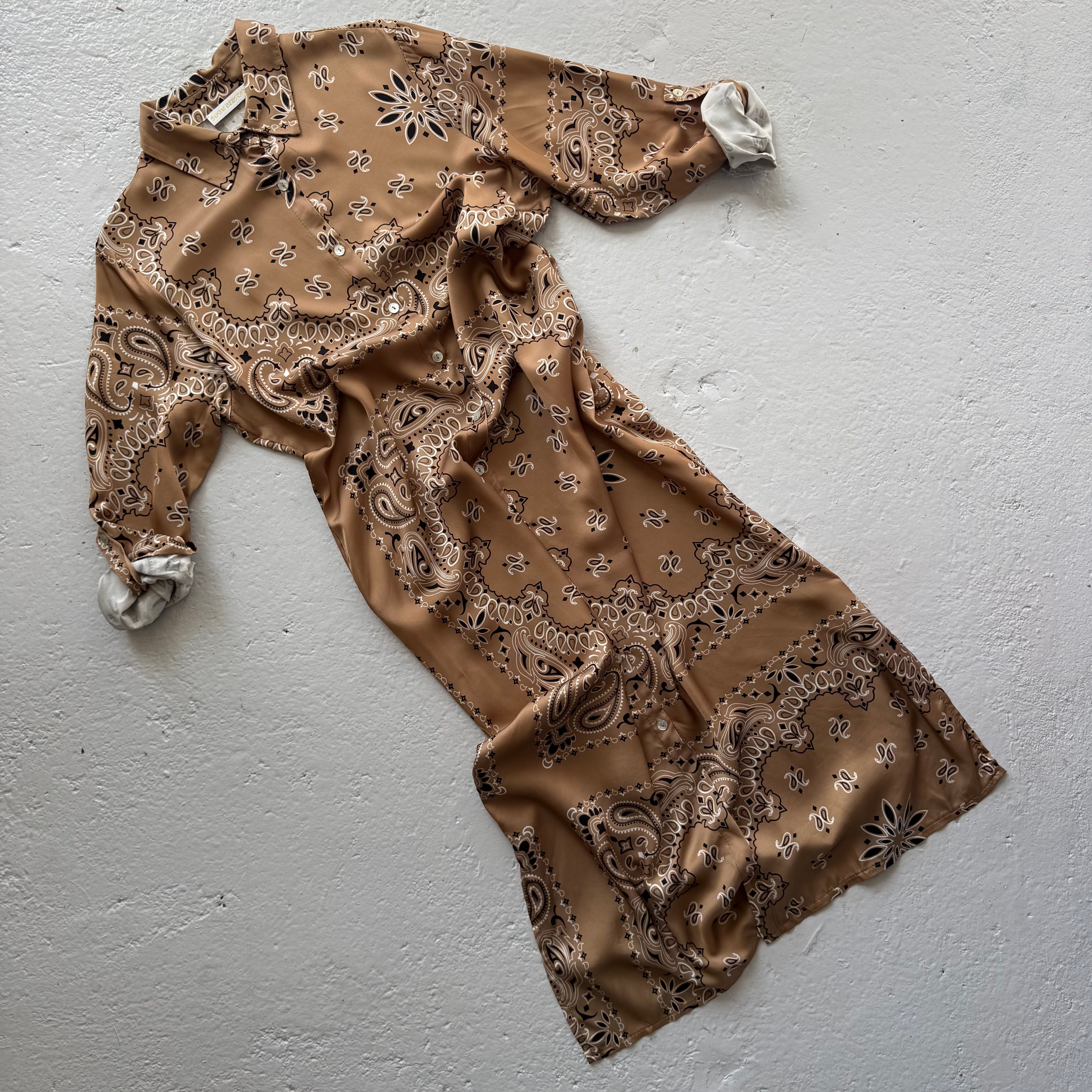 ‘ICED LATTE’ BEIGE BANDANA SILK MAXI SHIRT DRESS