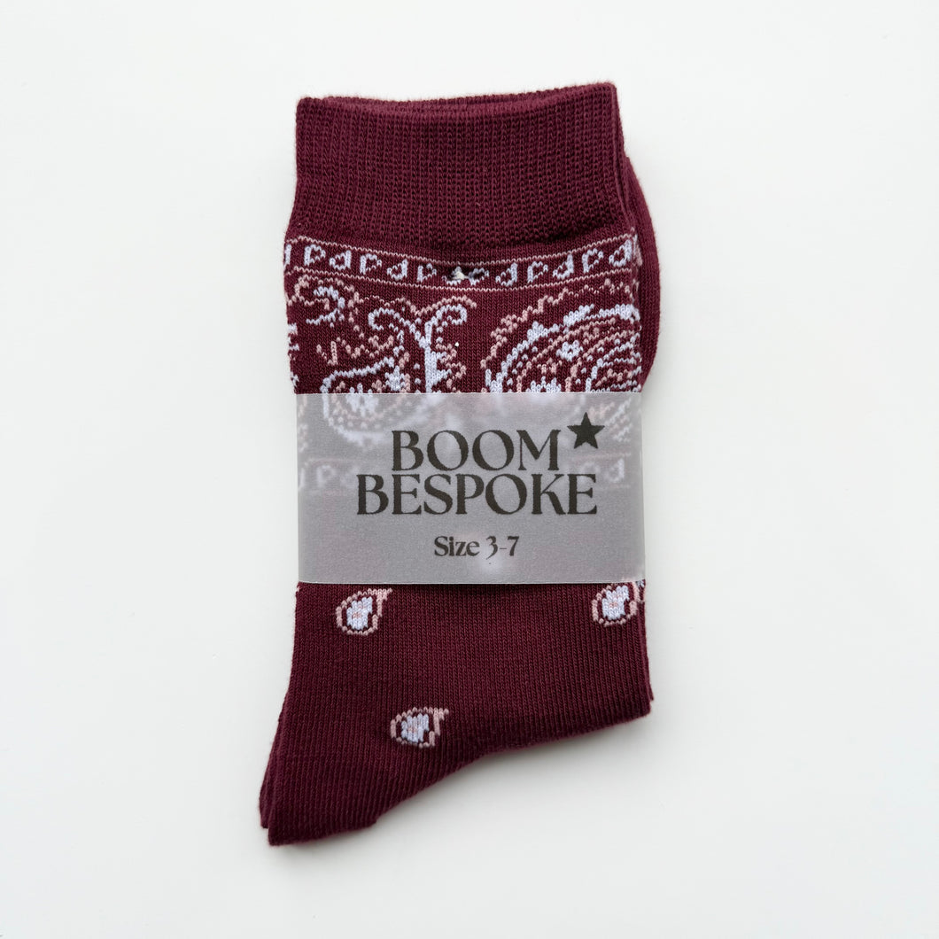 ‘WINE’ BURGUNDY BANDANA SOCKS