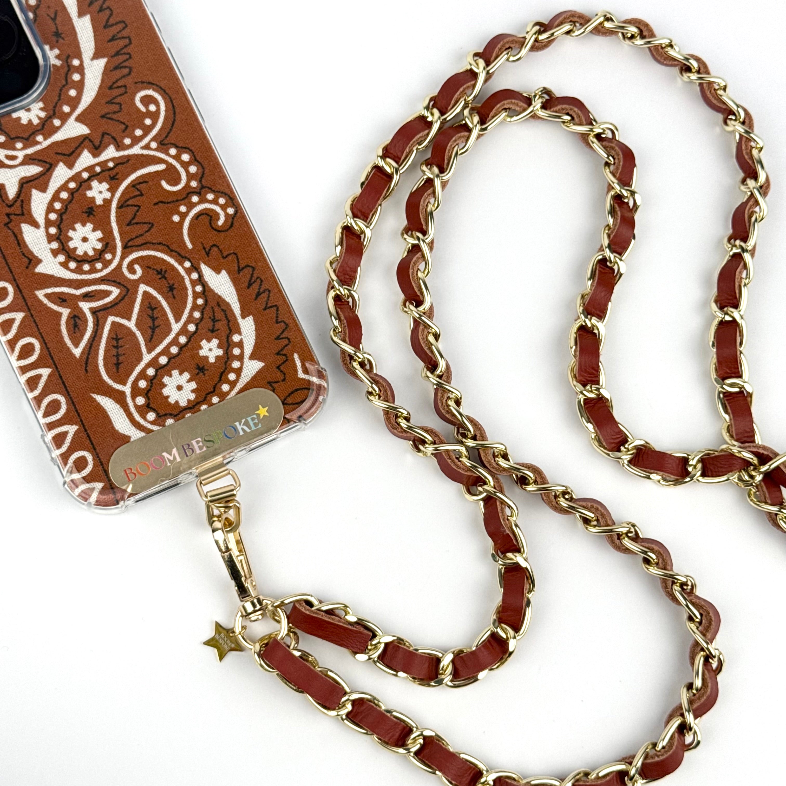 ‘RUST’ DEEP TAN LEATHER GOLD CHAIN CROSSBODY PHONE STRAP