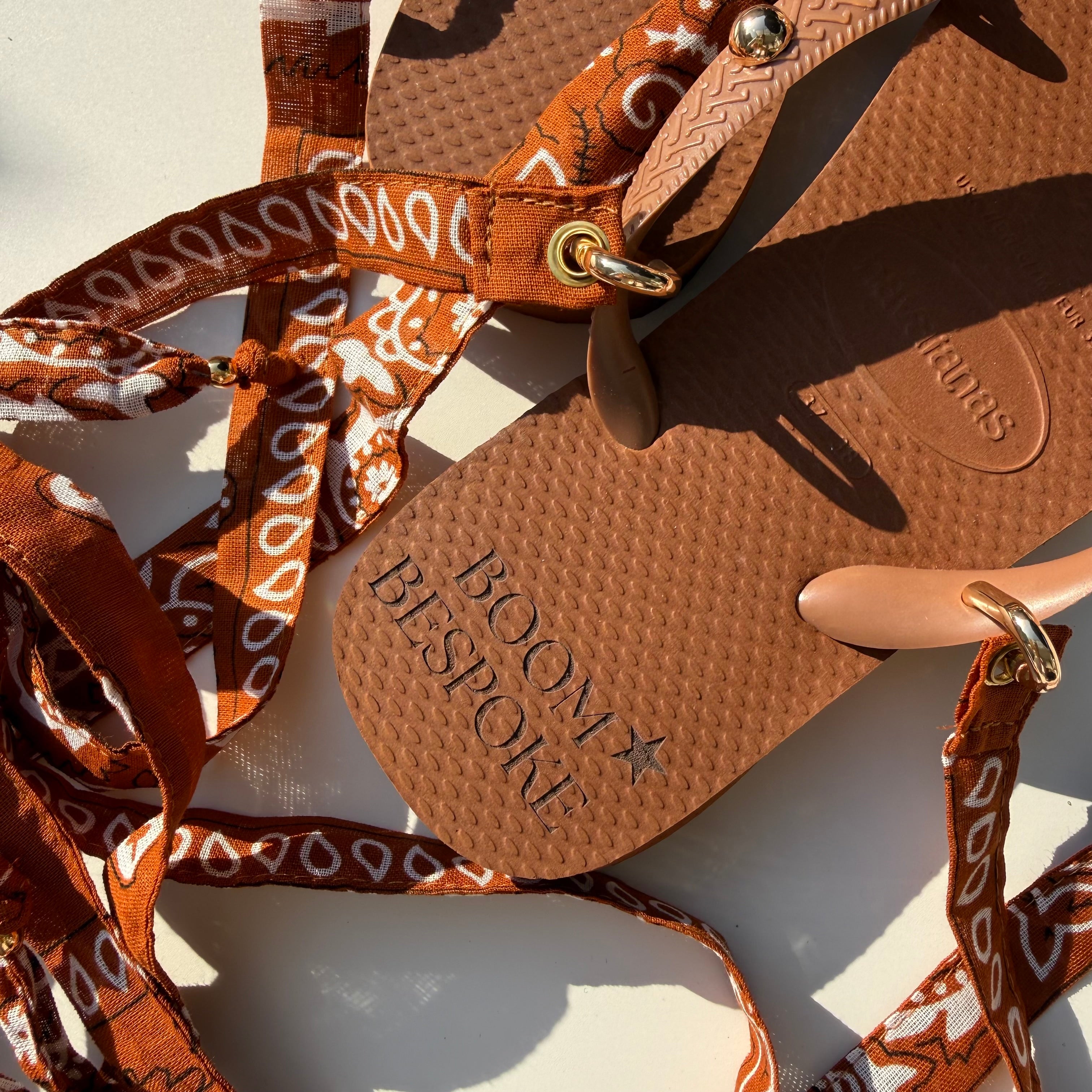 ‘TANNED’ GOLD STUDDED TAN BANDANA HAVAIANAS TOP FLIP FLOPS BY BOOM BESPOKE