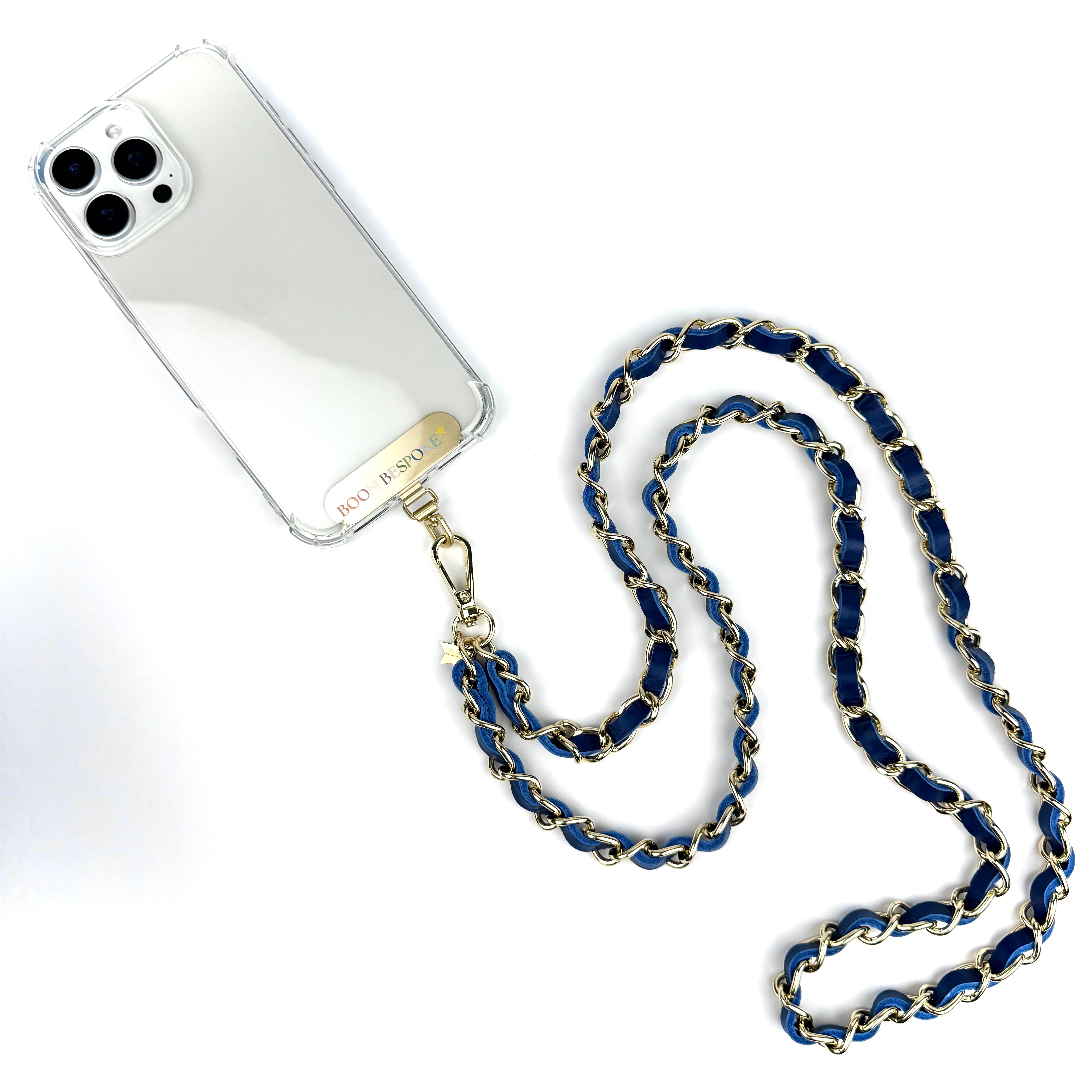 ‘PETROL’ BLUE LEATHER GOLD CHAIN CROSSBODY PHONE STRAP