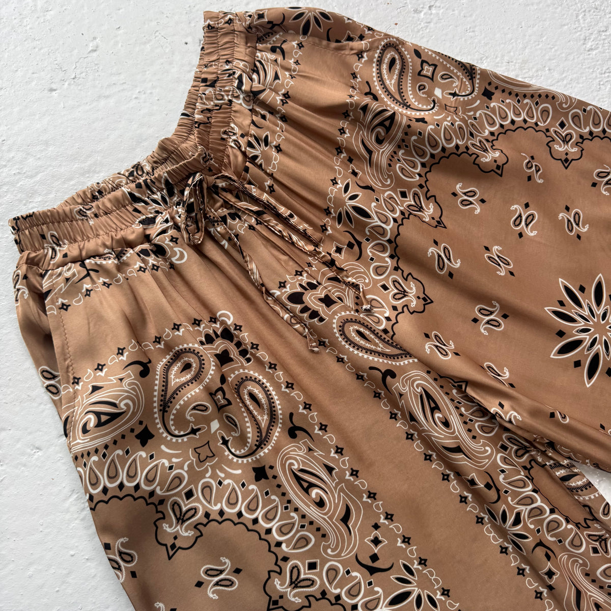 ‘ICED LATTE’  TAN BANDANA SILK TROUSERS CO-ORD