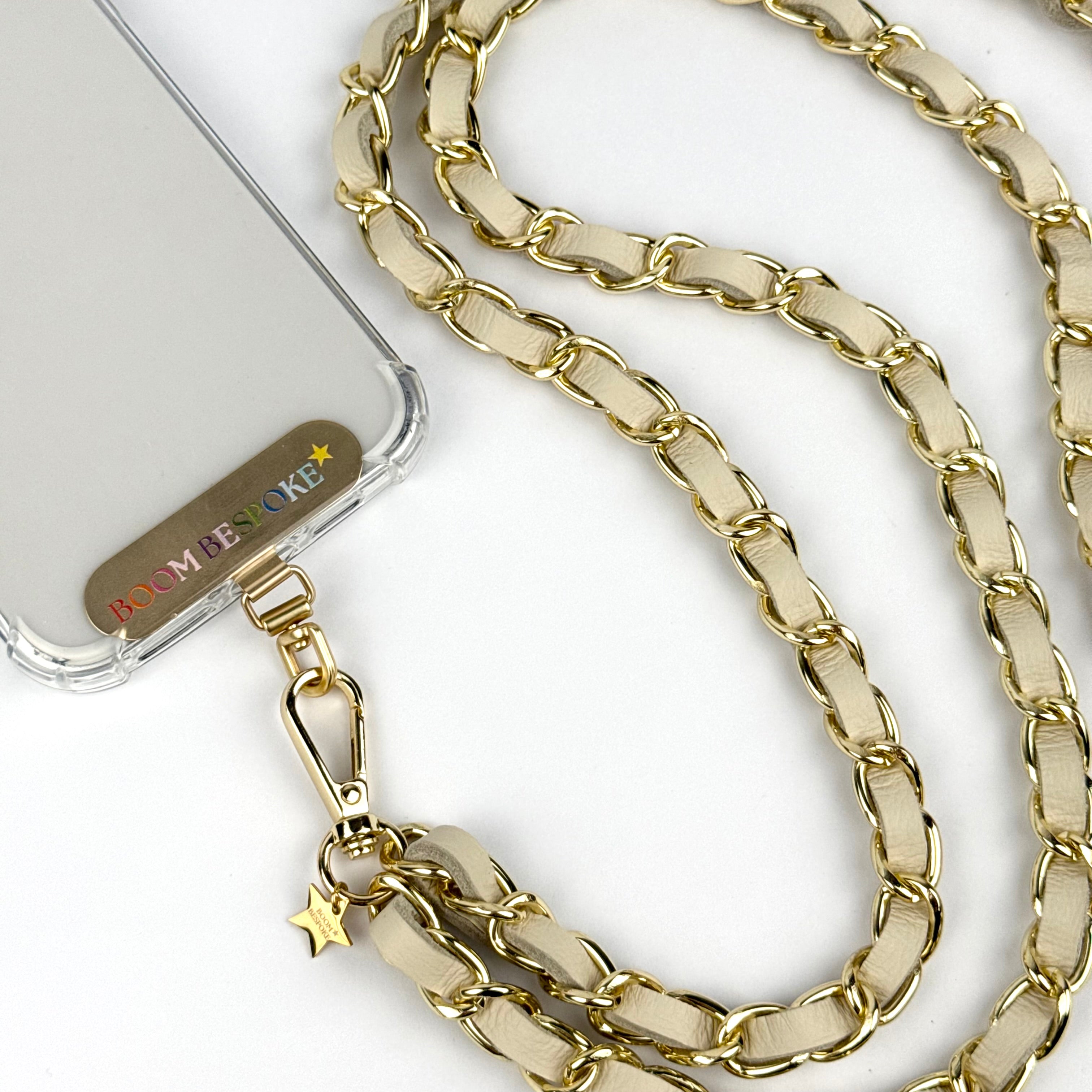 ‘CREAMY’ CREAM LEATHER GOLD CHAIN CROSSBODY PHONE STRAP