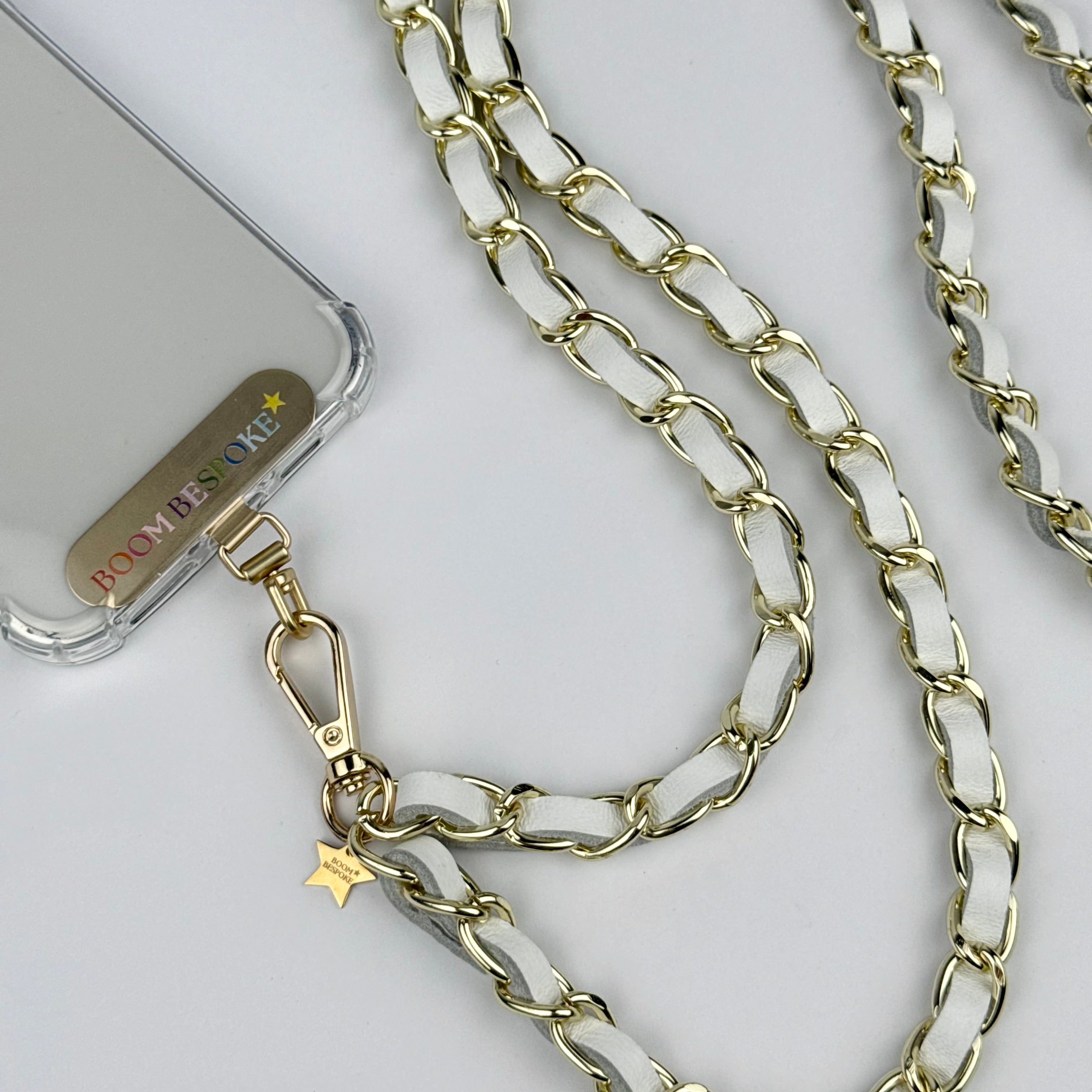 ‘SALT’ WHITE LEATHER GOLD CHAIN CROSSBODY PHONE STRAP