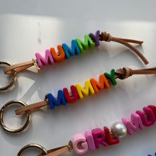 Load image into Gallery viewer, ‘MUM’ CHUNKY LEATHER BEADED BAG CHARM BY BOOM BESPOKE
