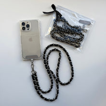 Load image into Gallery viewer, ‘COAL’ BLACK LEATHER GOLD CHAIN CROSSBODY PHONE STRAP
