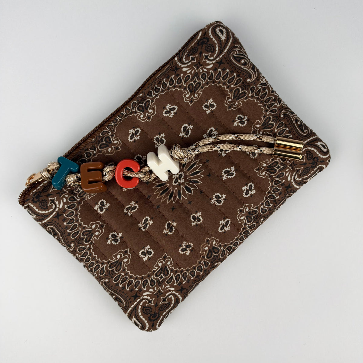 BROWN BESPOKE CHUNKY LETTER BEAD BANDANA ZIP POUCH