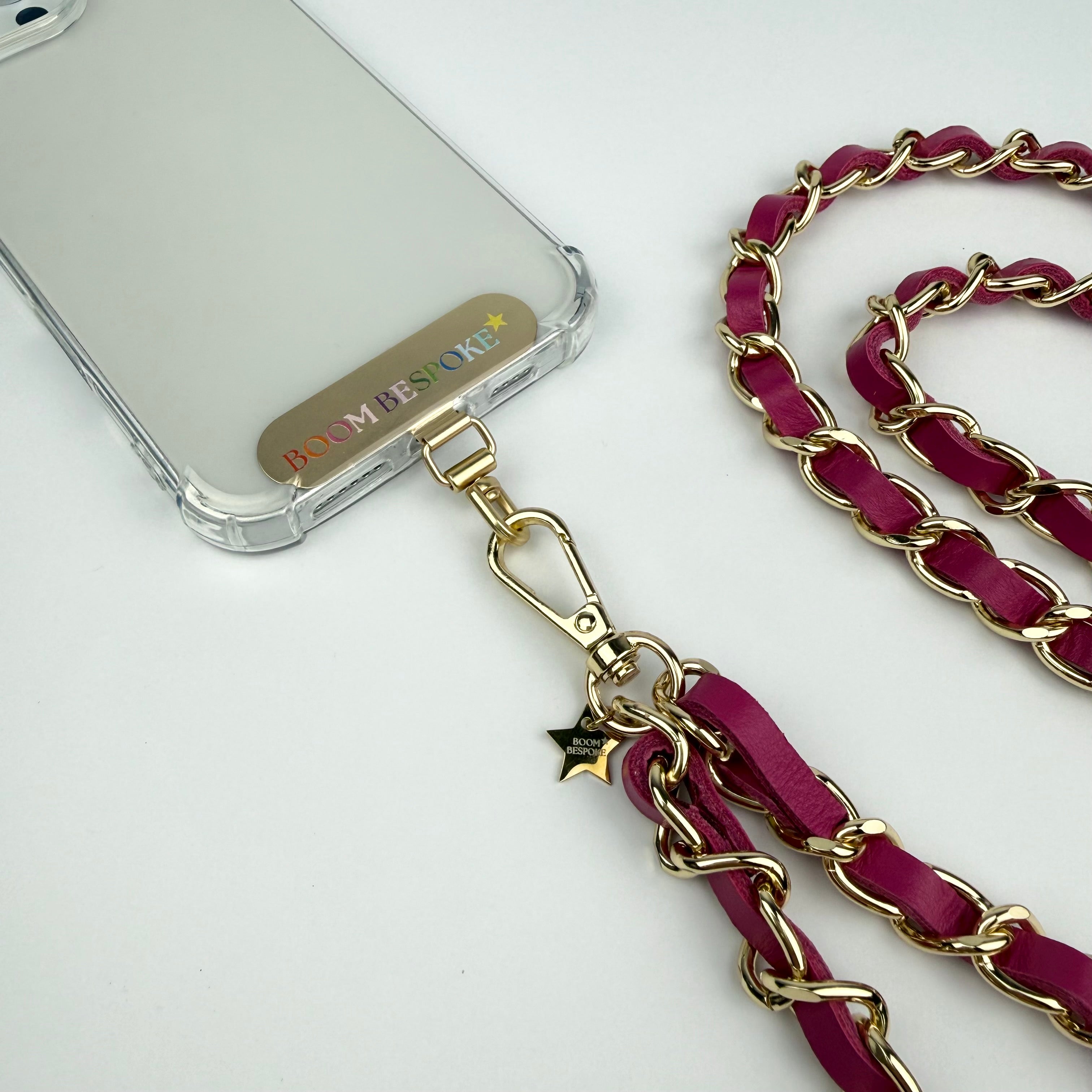 ‘FLAMINGO’ PINK LEATHER GOLD CHAIN CROSSBODY PHONE STRAP