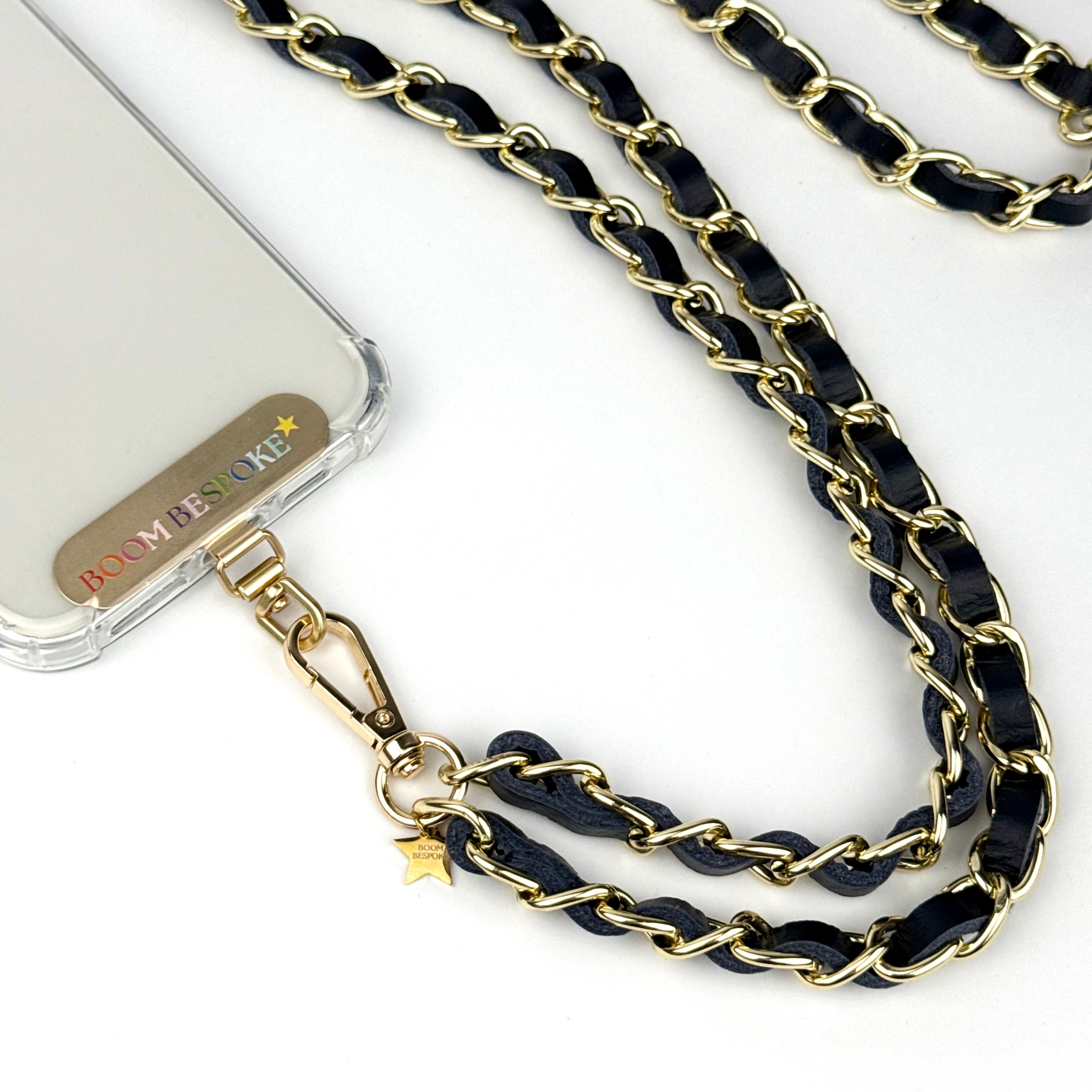 ‘MIDNIGHT’ NAVY BLUE LEATHER GOLD CHAIN CROSSBODY PHONE STRAP