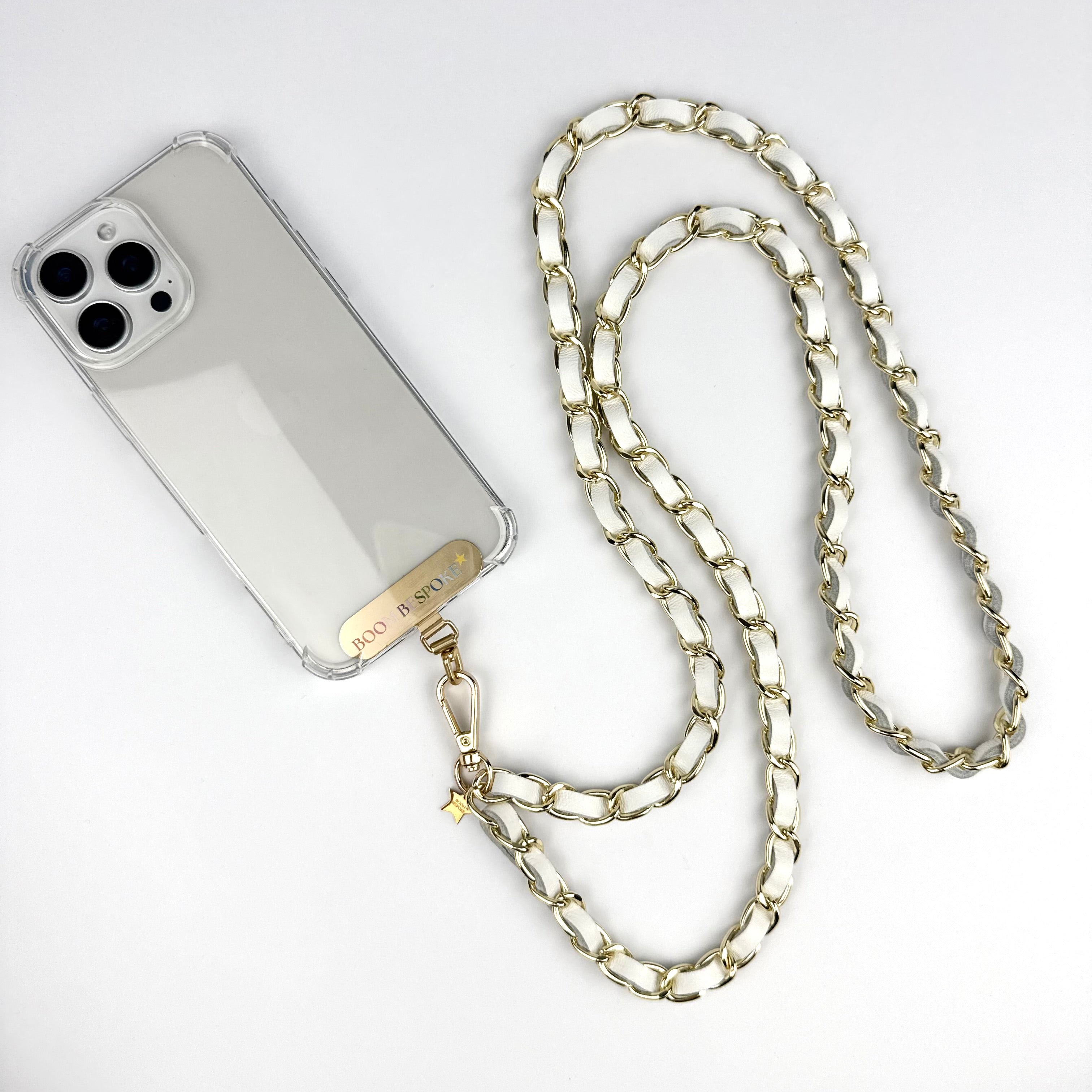 ‘SALT’ WHITE LEATHER GOLD CHAIN CROSSBODY PHONE STRAP