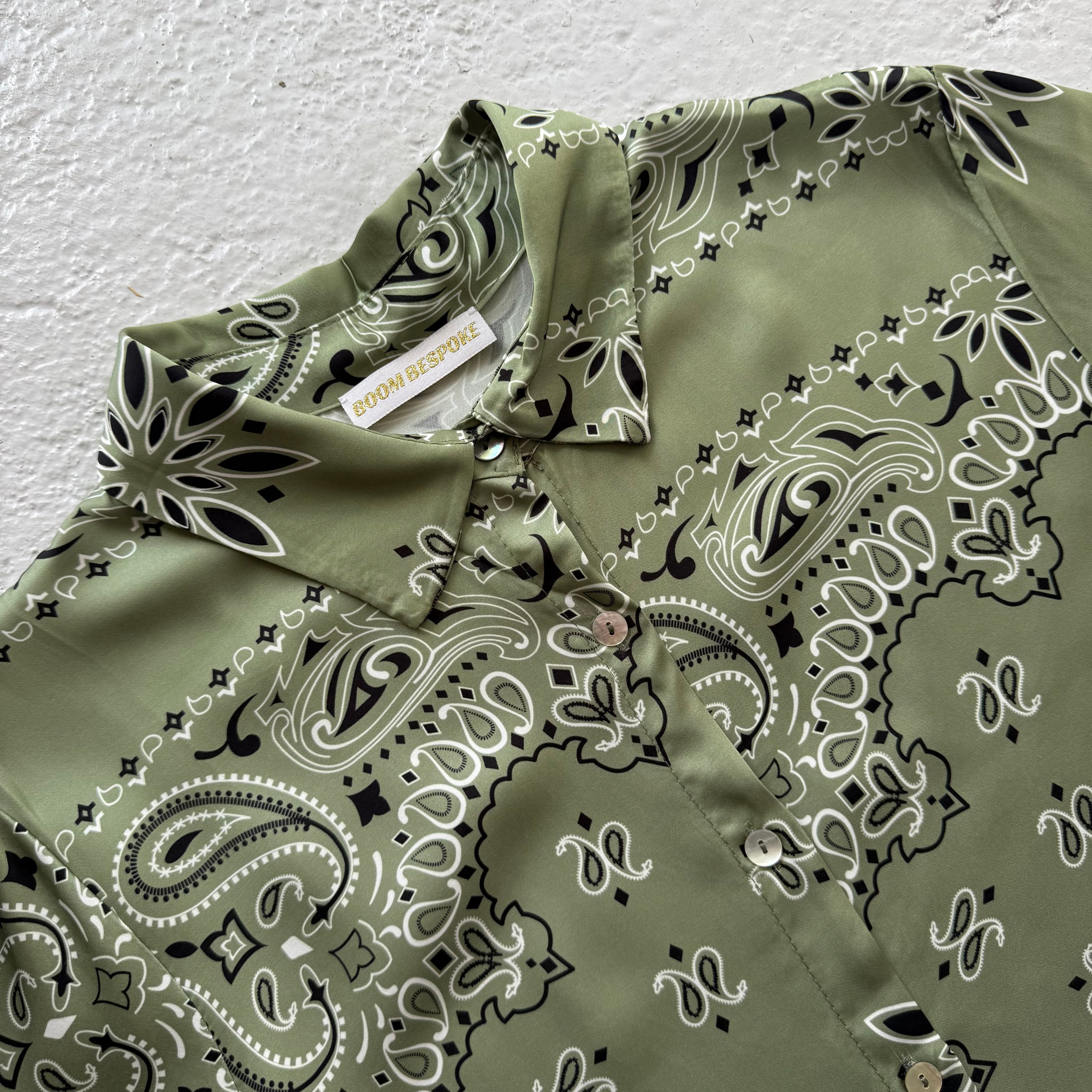 ‘ALOE’ GREEN BANDANA SILK MAXI SHIRT DRESS