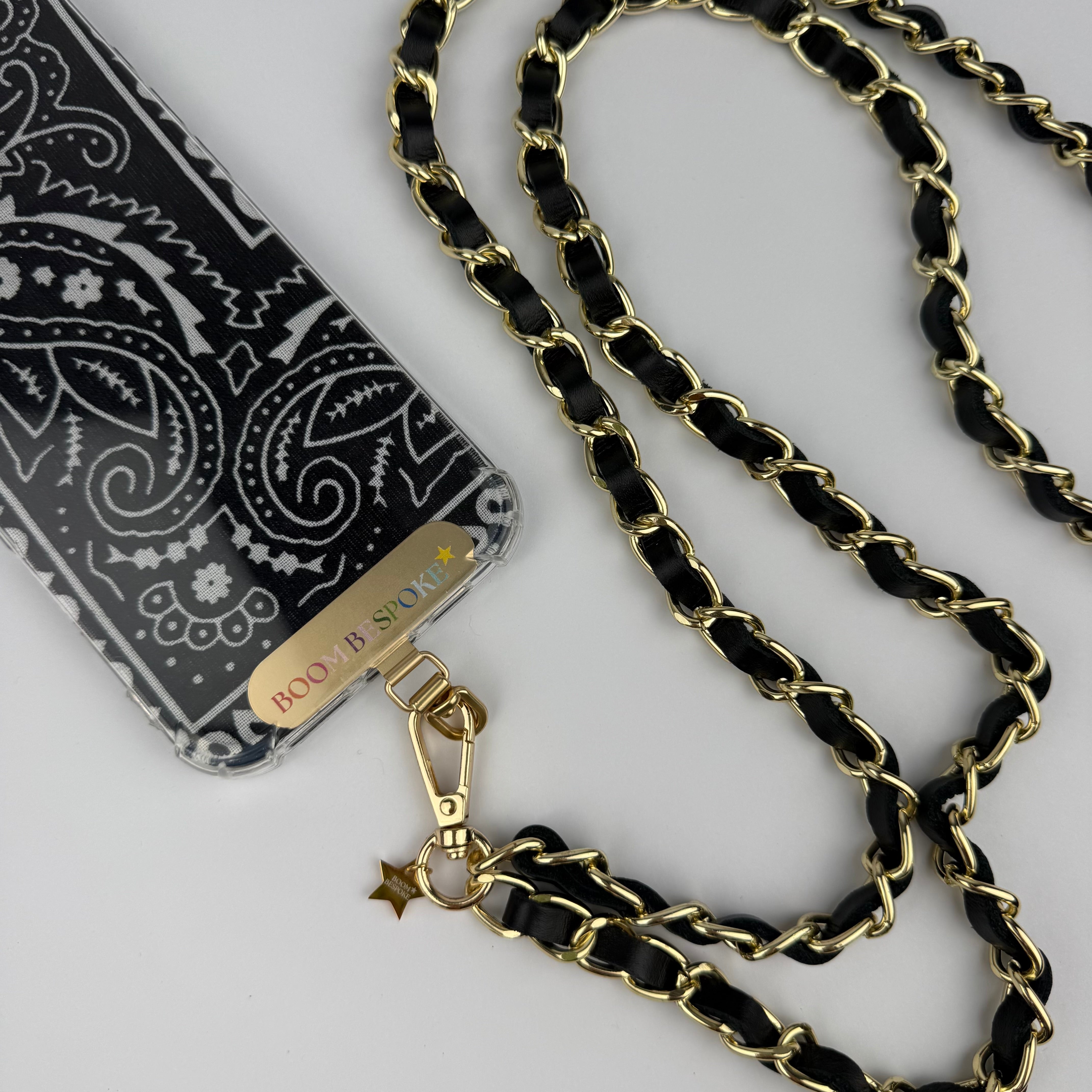 ‘COAL’ BLACK LEATHER GOLD CHAIN CROSSBODY PHONE STRAP