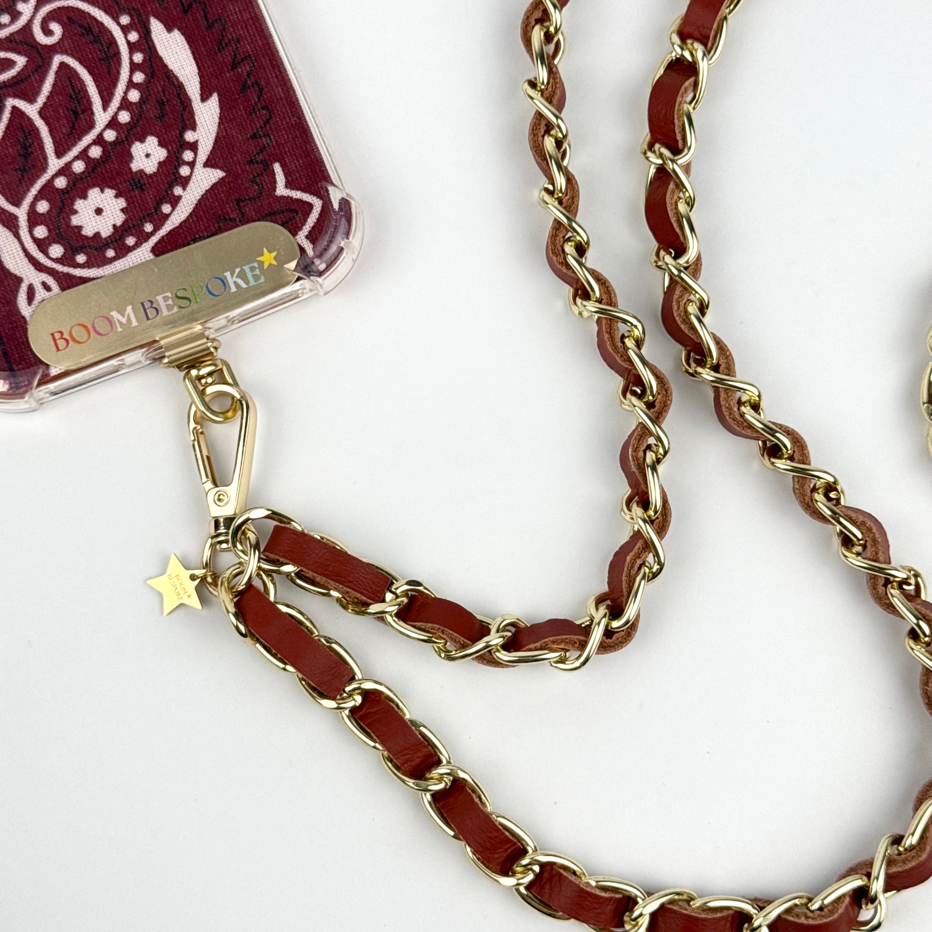 ‘RUST’ DEEP TAN LEATHER GOLD CHAIN CROSSBODY PHONE STRAP