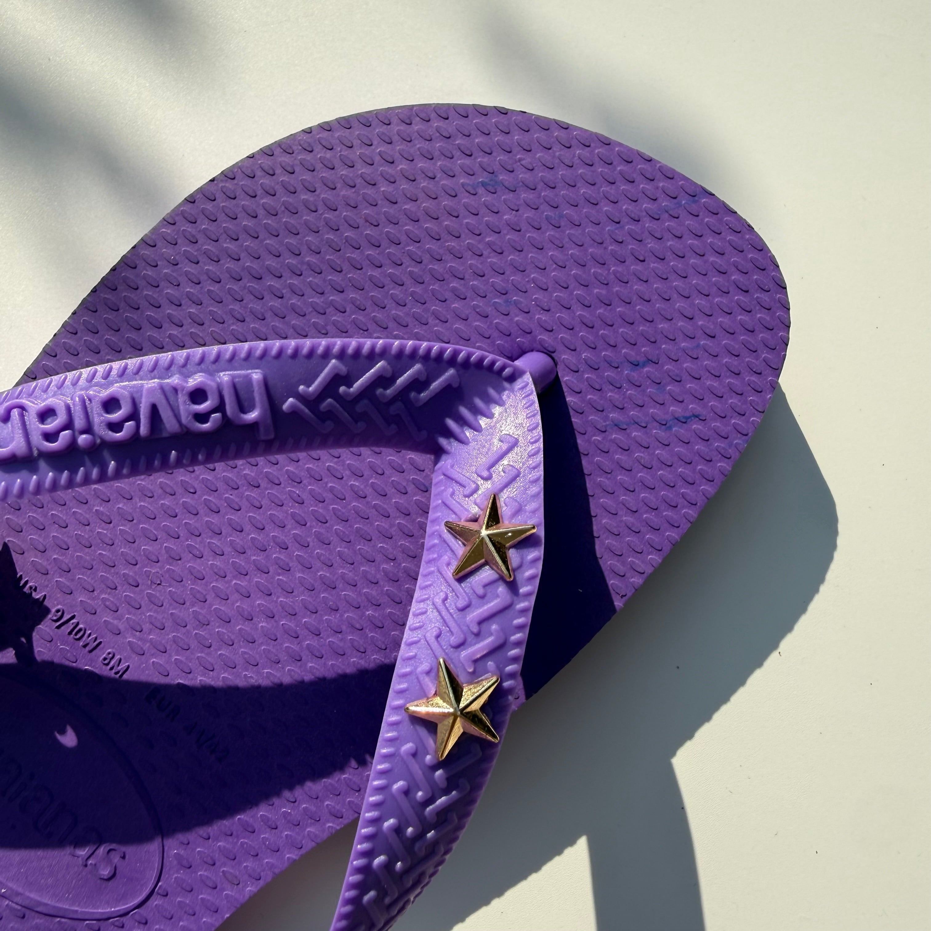 ‘CELESTIAL’ GOLD STAR STUD PURPLE BANDANA HAVAIANAS TOP FLIP FLOPS BY BOOM BESPOKE IMPERFECT PAIR