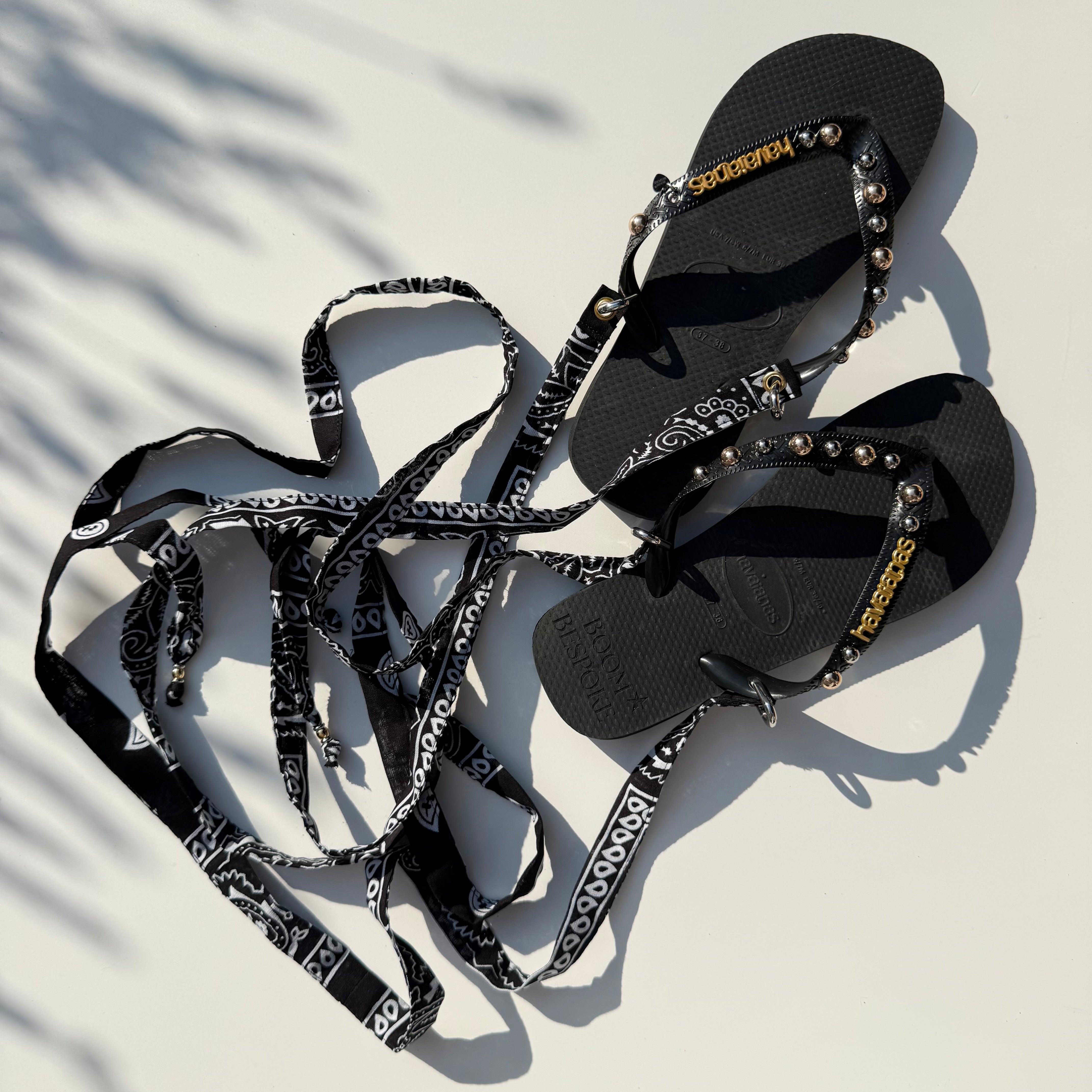 ‘MIXED METAL’ STUDDED BLACK BANDANA HAVAIANAS TOP FLIP FLOPS BY BOOM BESPOKE