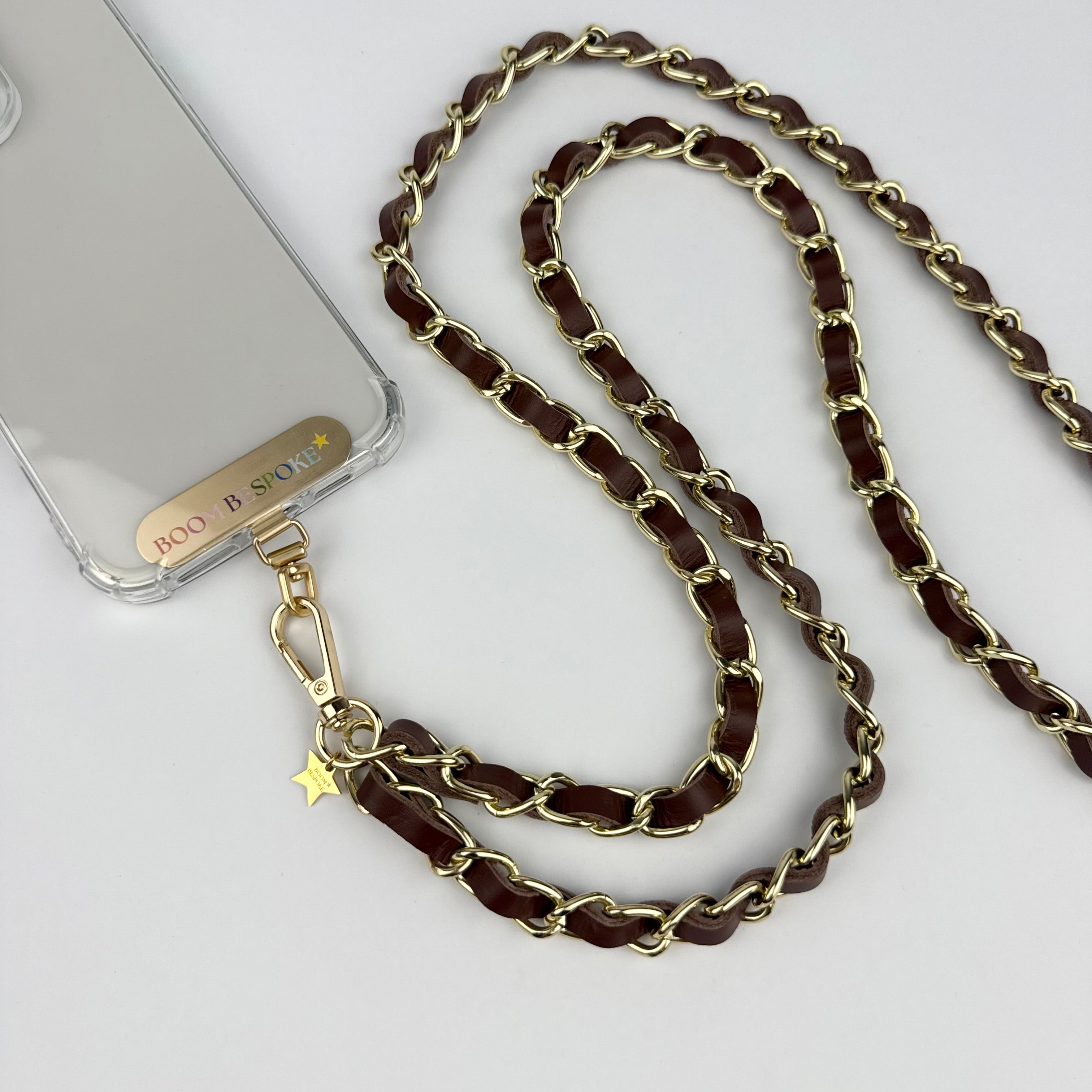 ‘ESPRESSO’ BROWN LEATHER GOLD CHAIN CROSSBODY PHONE STRAP