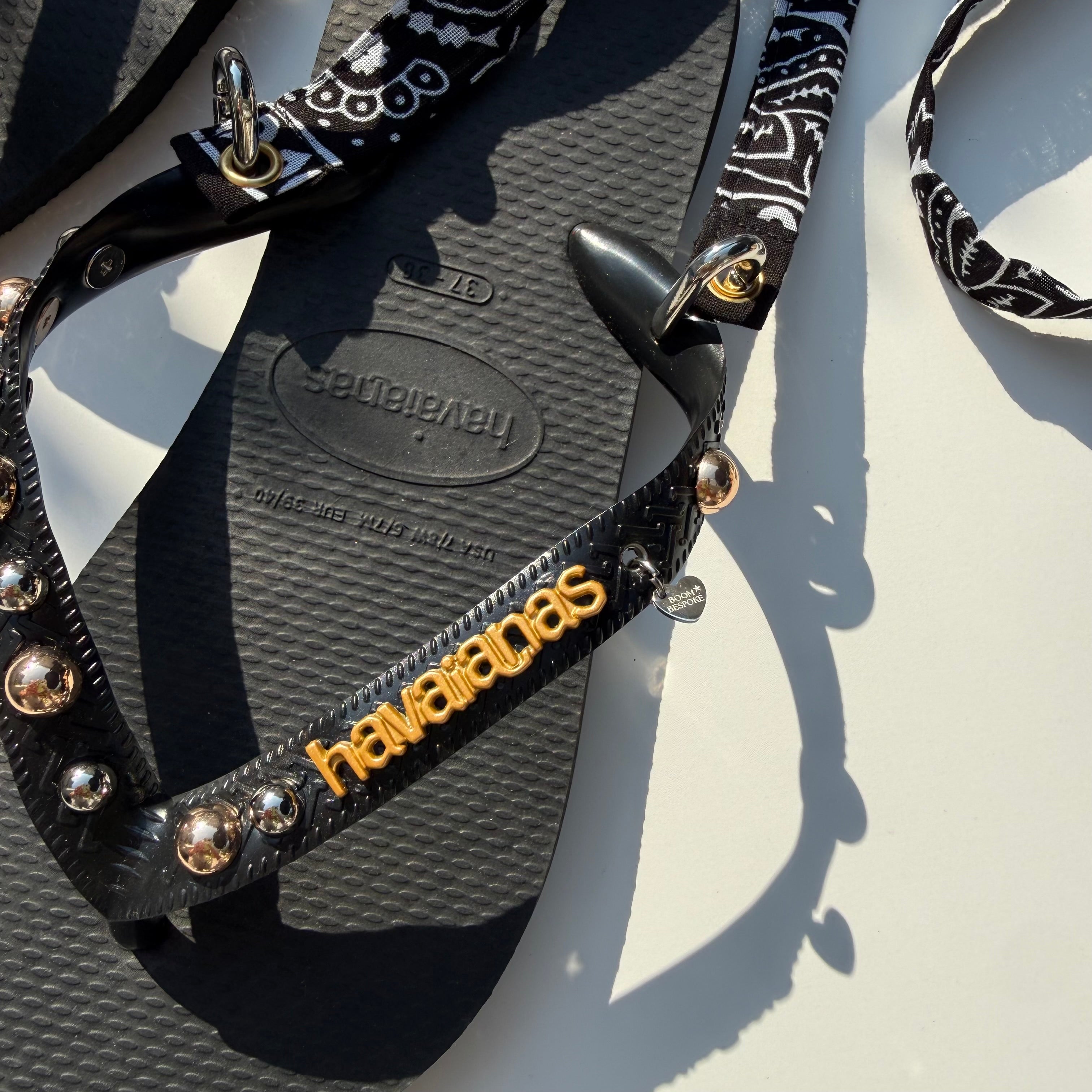 ‘MIXED METAL’ STUDDED BLACK BANDANA HAVAIANAS TOP FLIP FLOPS BY BOOM BESPOKE