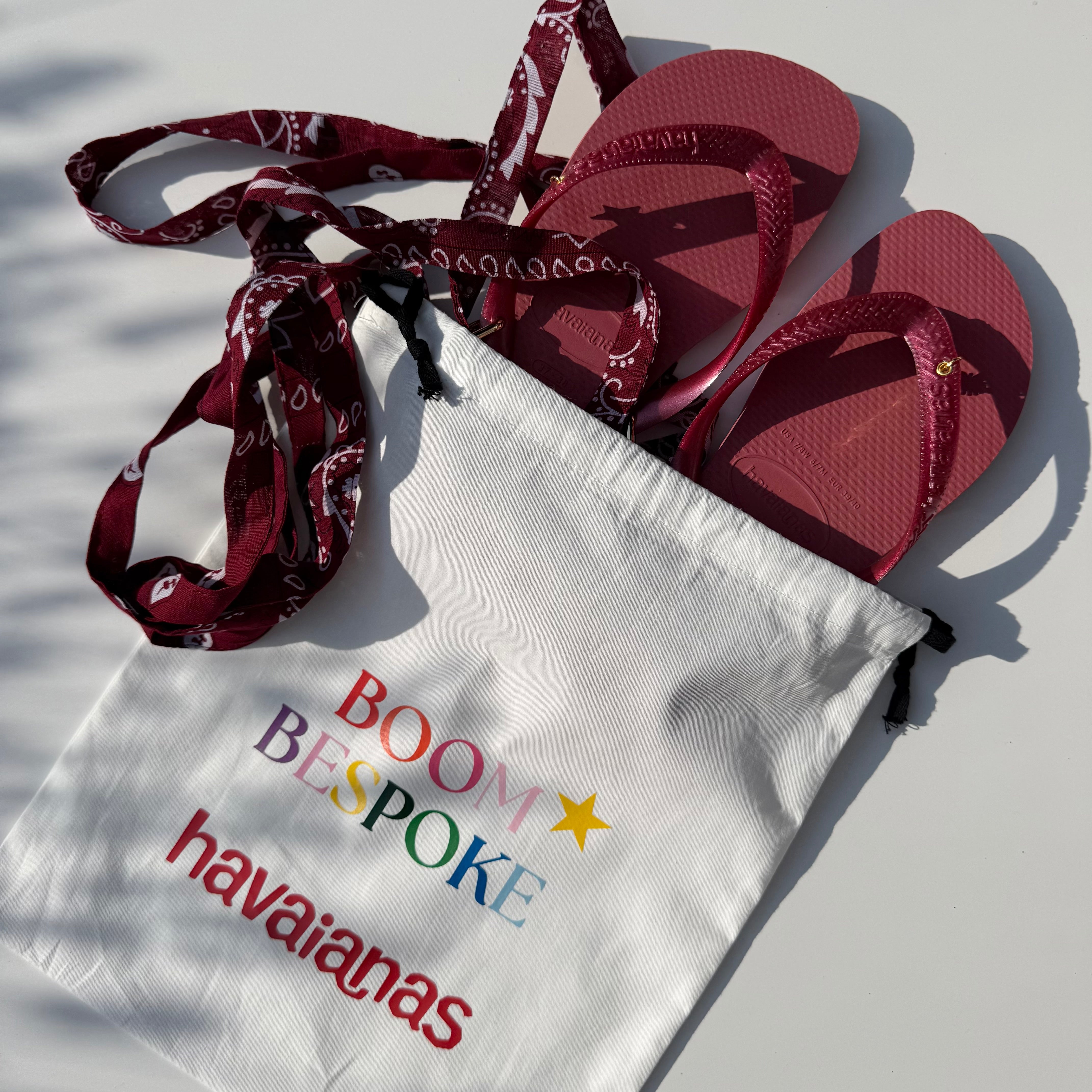 ‘LOBSTER’ BURGUNDY BANDANA HAVAIANAS TOP FLIP FLOPS BY BOOM BESPOKE