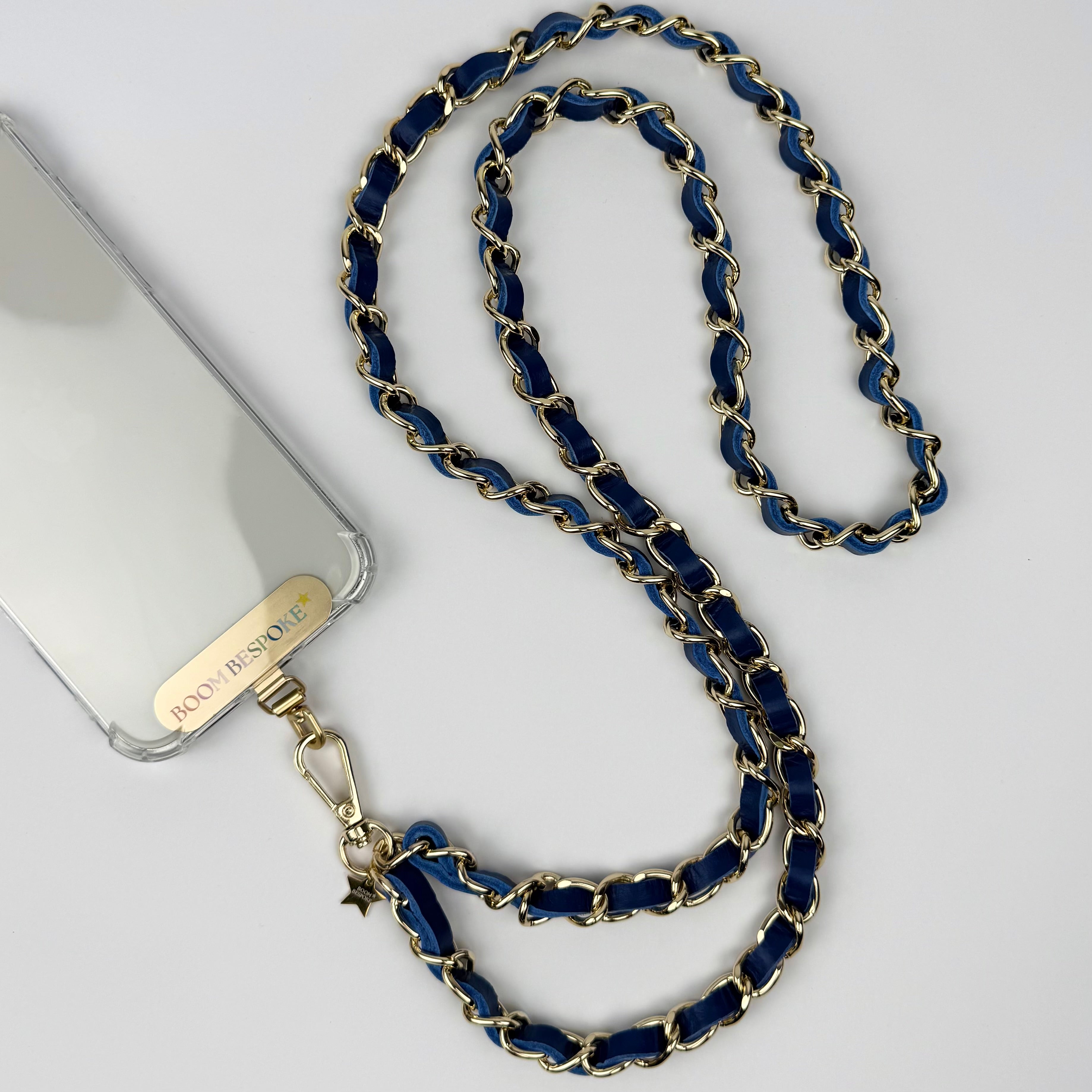 ‘PETROL’ BLUE LEATHER GOLD CHAIN CROSSBODY PHONE STRAP