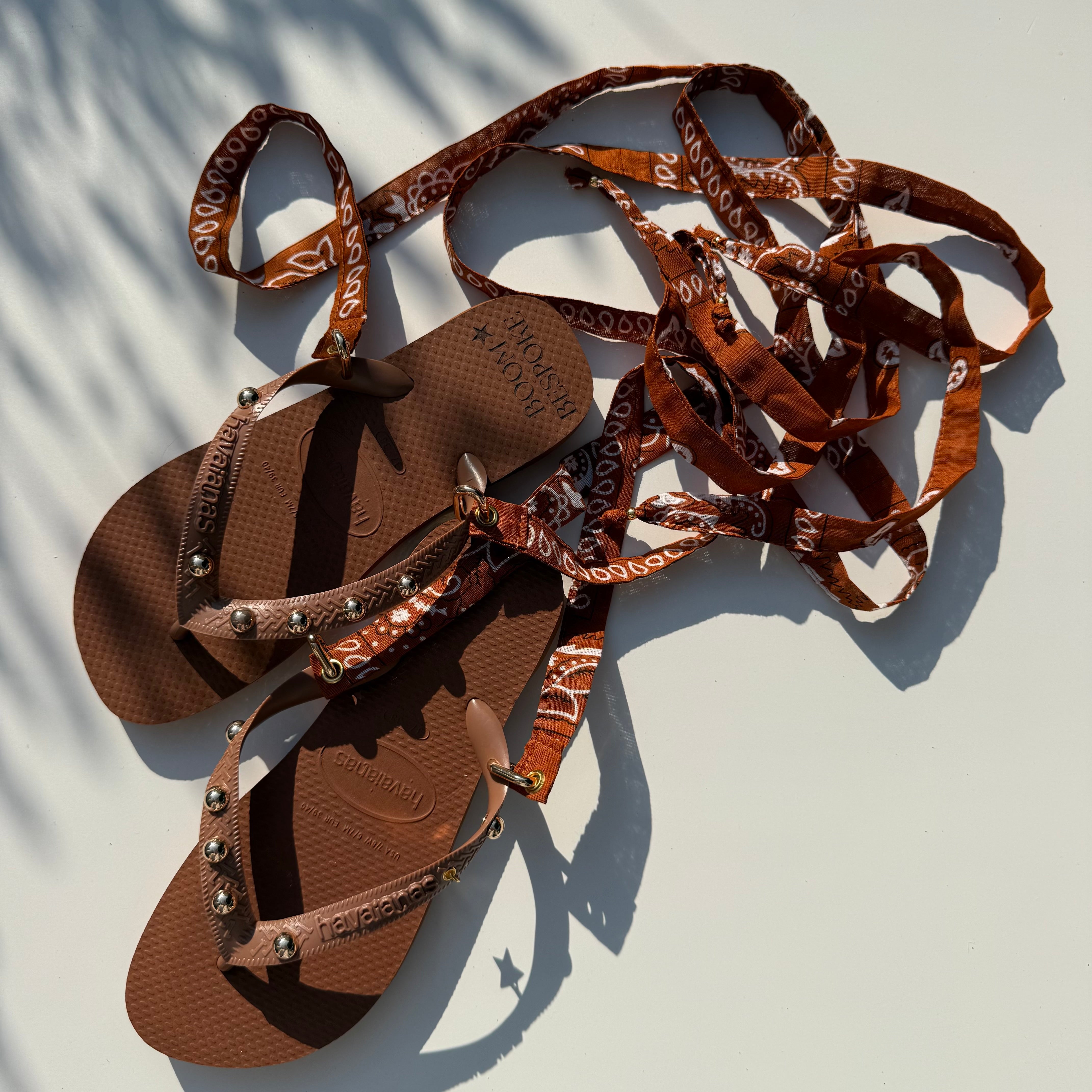 ‘TANNED’ GOLD STUDDED TAN BANDANA HAVAIANAS TOP FLIP FLOPS BY BOOM BESPOKE