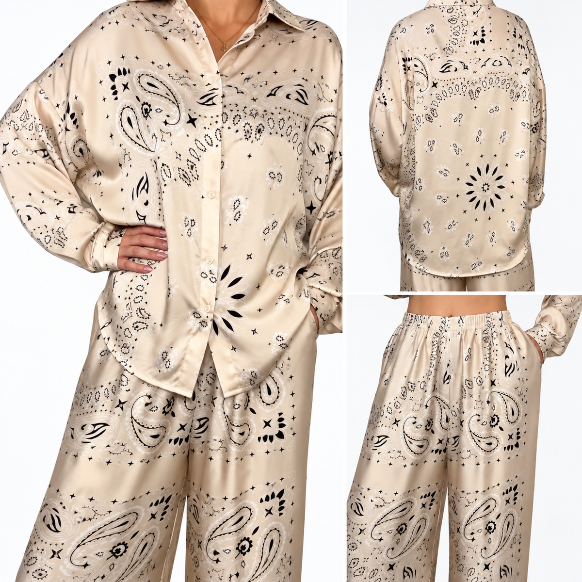 'VANILLA' GREIGE BANDANA SILKY SHIRT & TROUSER SET