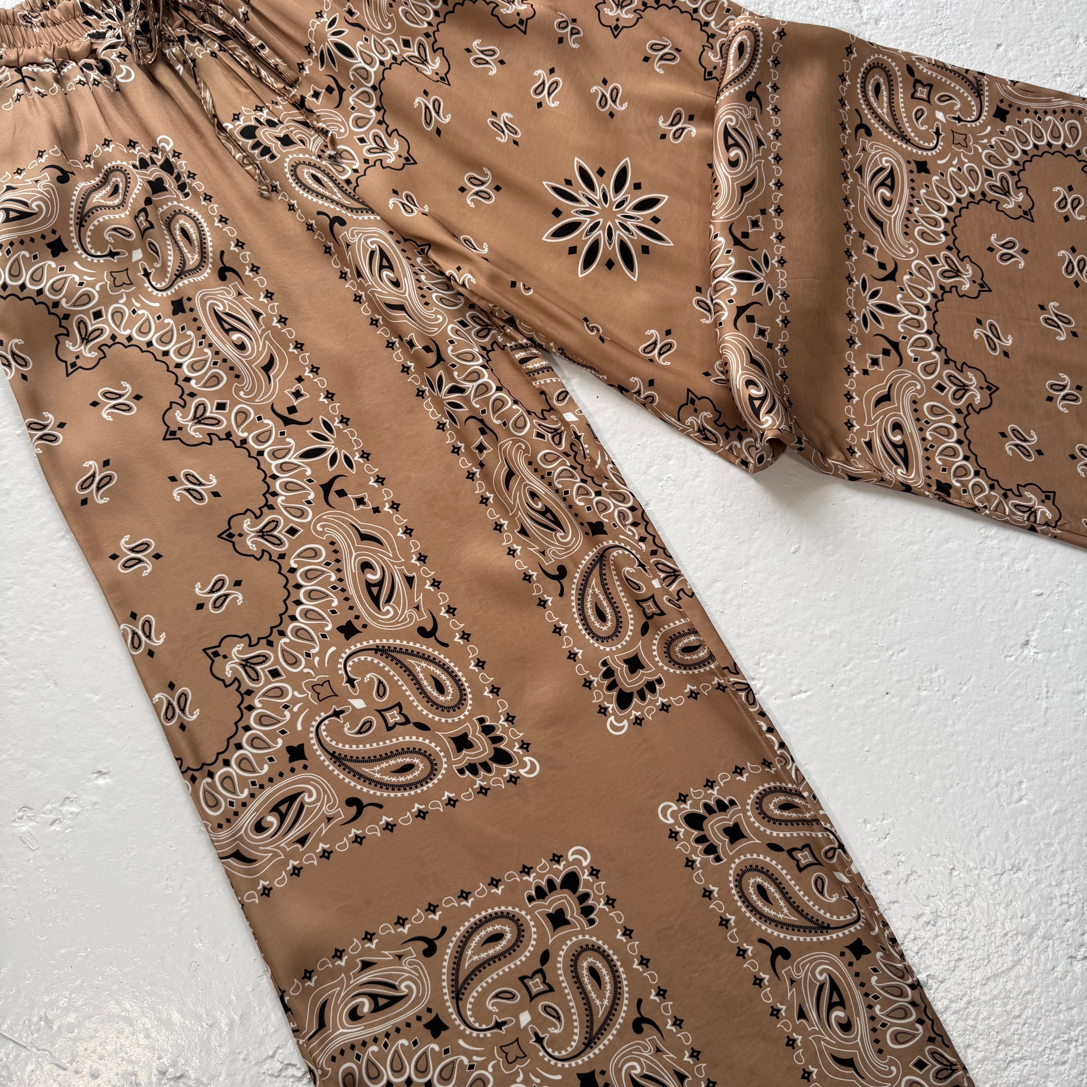 ‘ICED LATTE’  TAN BANDANA SILK TROUSERS CO-ORD