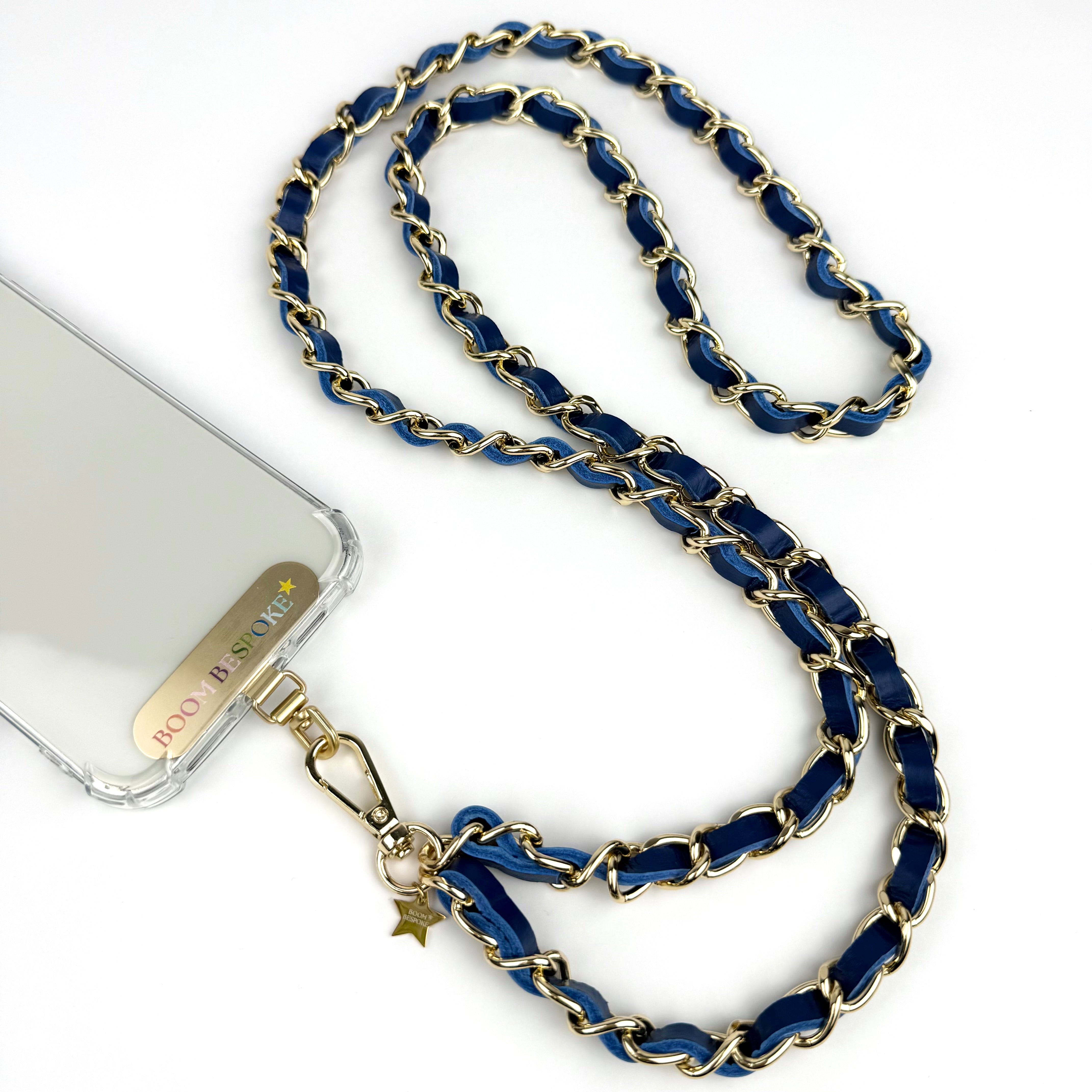 ‘PETROL’ BLUE LEATHER GOLD CHAIN CROSSBODY PHONE STRAP