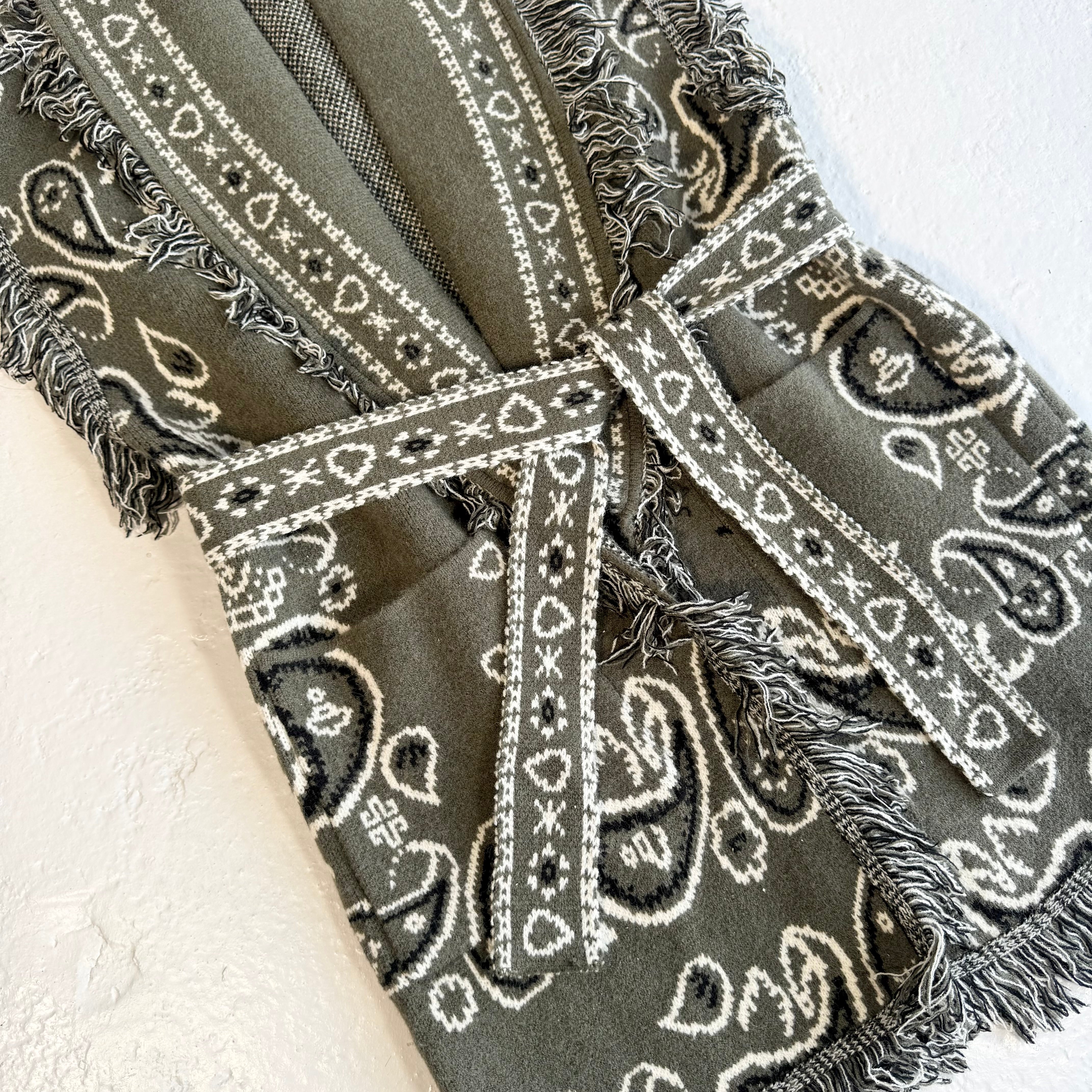 ‘OLIVE’ BANDANA KNIT BELTED LONGLINE SLEEVELESS CARDIGAN