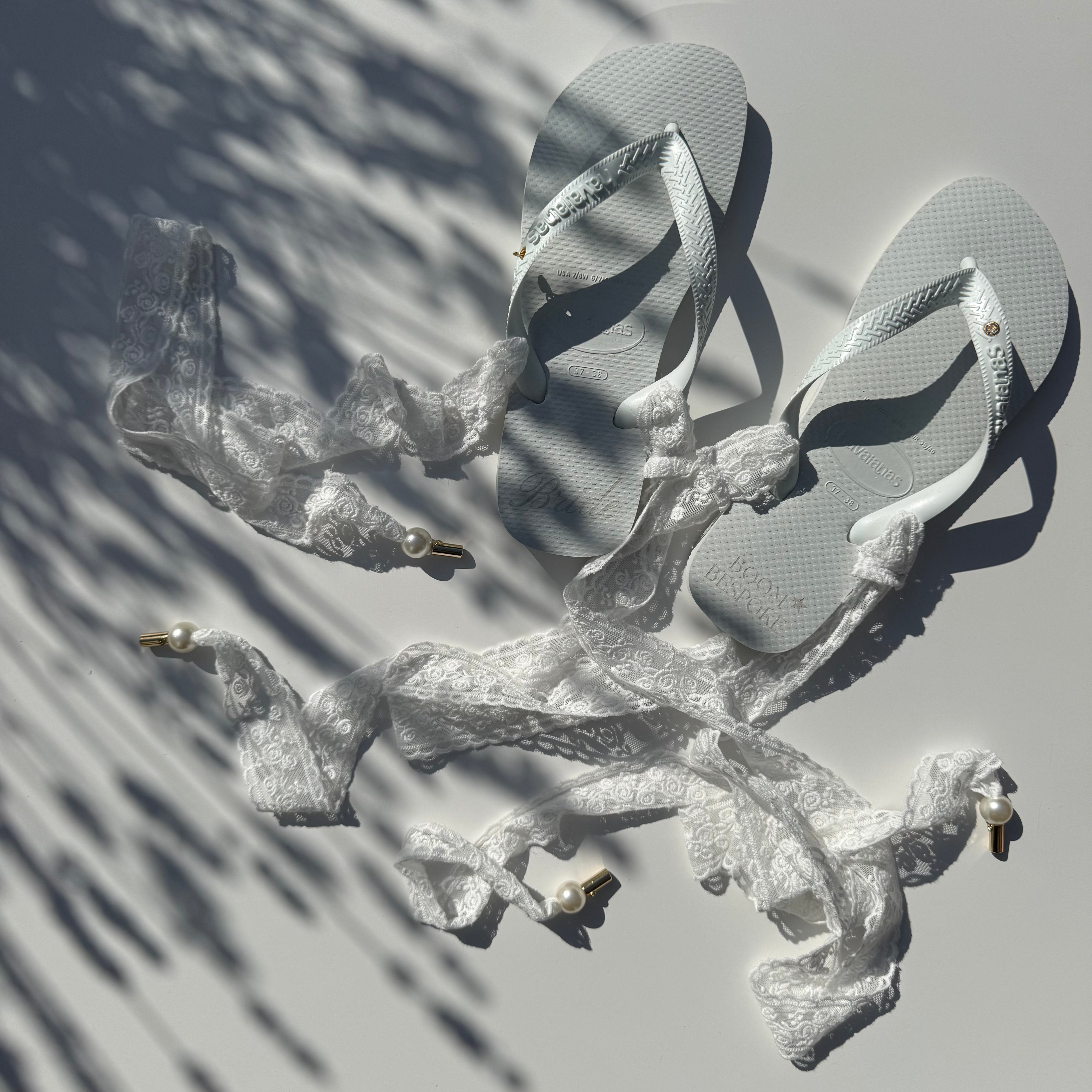 ‘BRIDE’ WHITE LACE HAVAIANAS TOP FLIP FLOPS BY BOOM BESPOKE