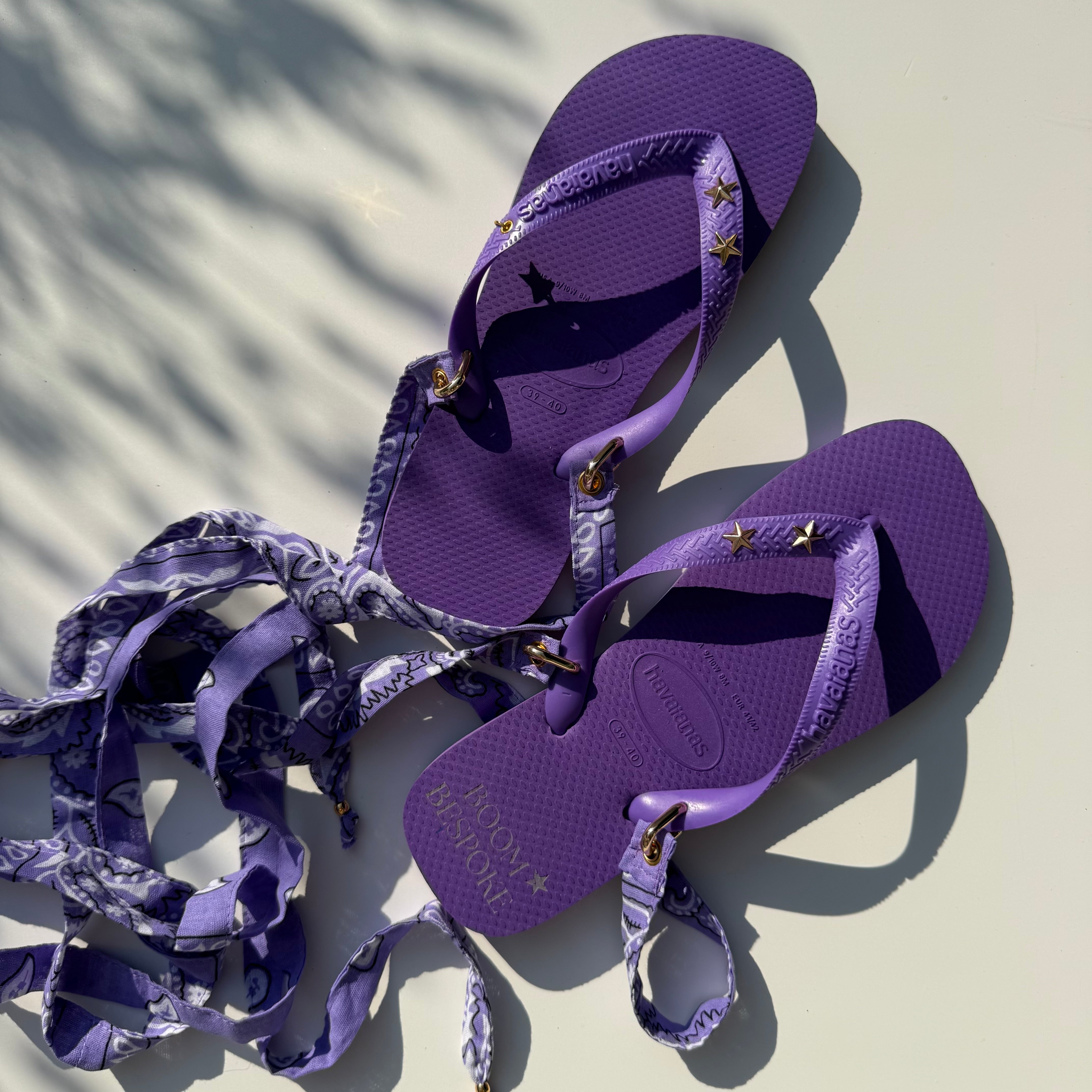 ‘CELESTIAL’ GOLD STAR STUD PURPLE BANDANA HAVAIANAS TOP FLIP FLOPS BY BOOM BESPOKE IMPERFECT PAIR