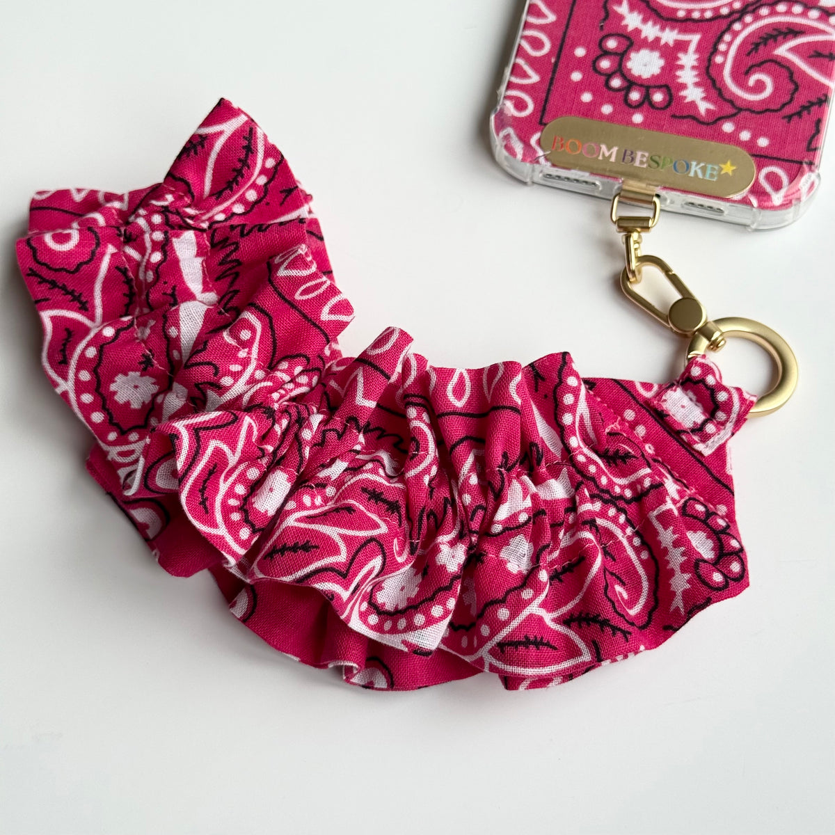 HOT PINK RUFFLE BANDANA WRISTLET  PHONE STRAP