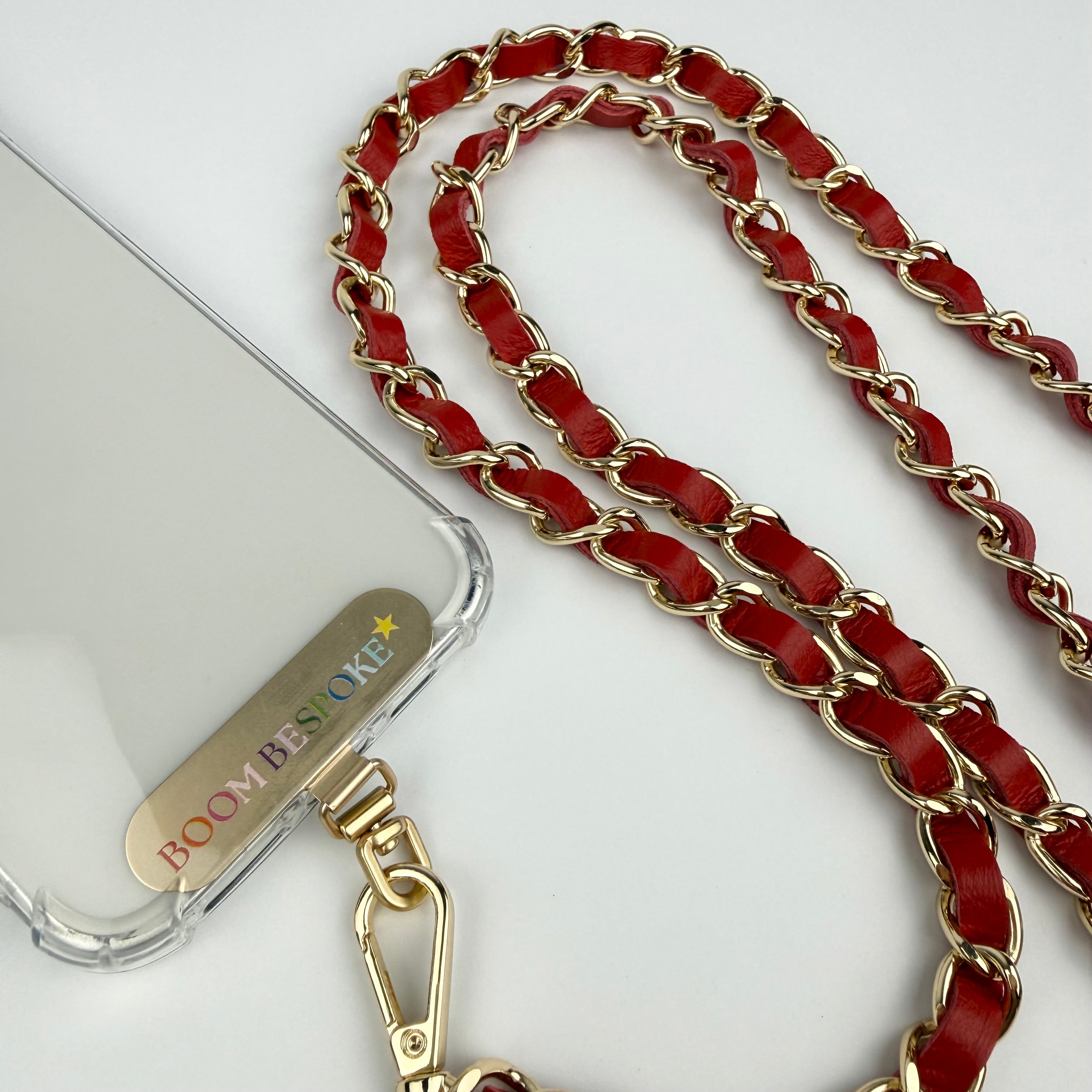 ‘CHERRY’ RED LEATHER GOLD CHAIN CROSSBODY PHONE STRAP