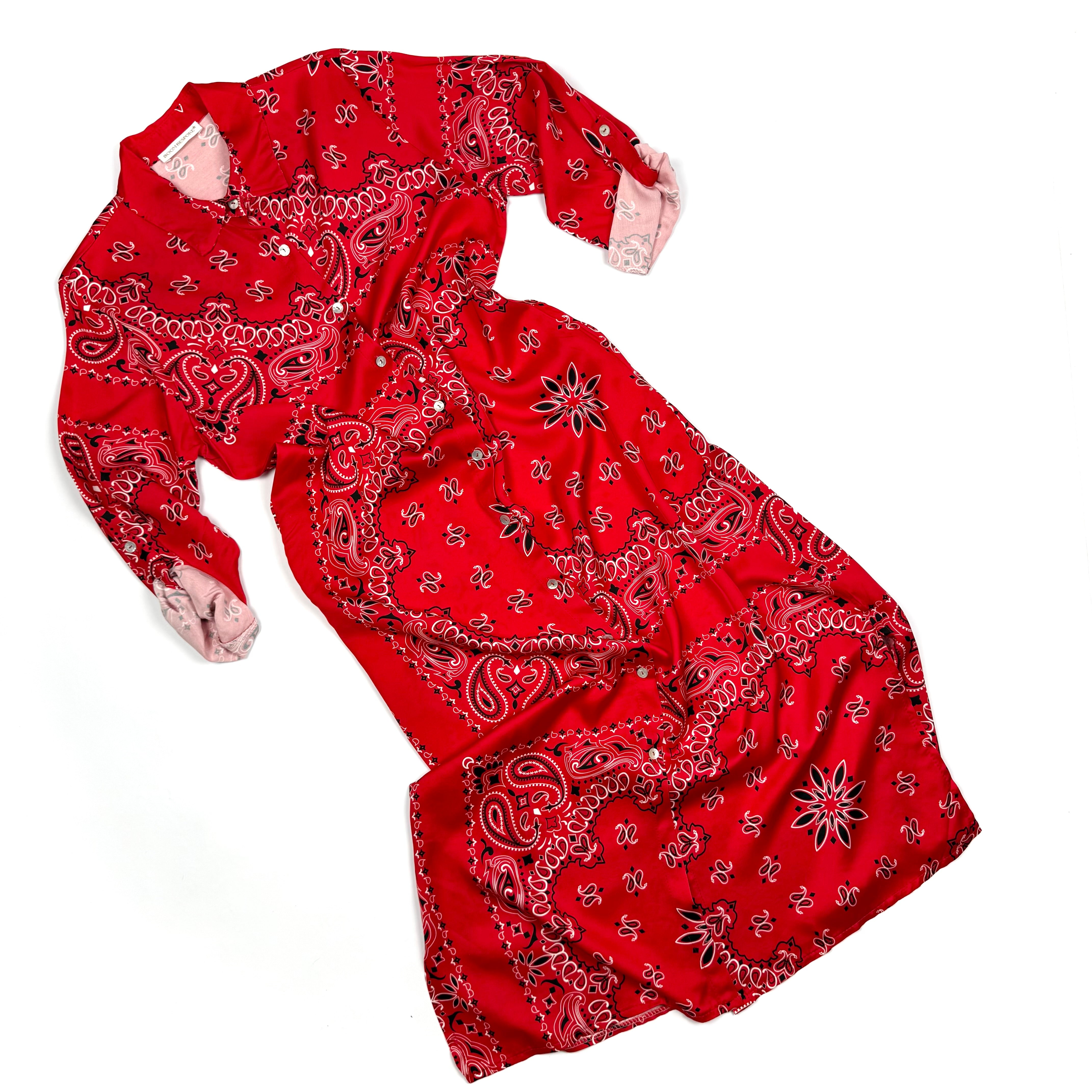 ‘CHERRY’ RED BANDANA SILK MAXI SHIRT DRESS