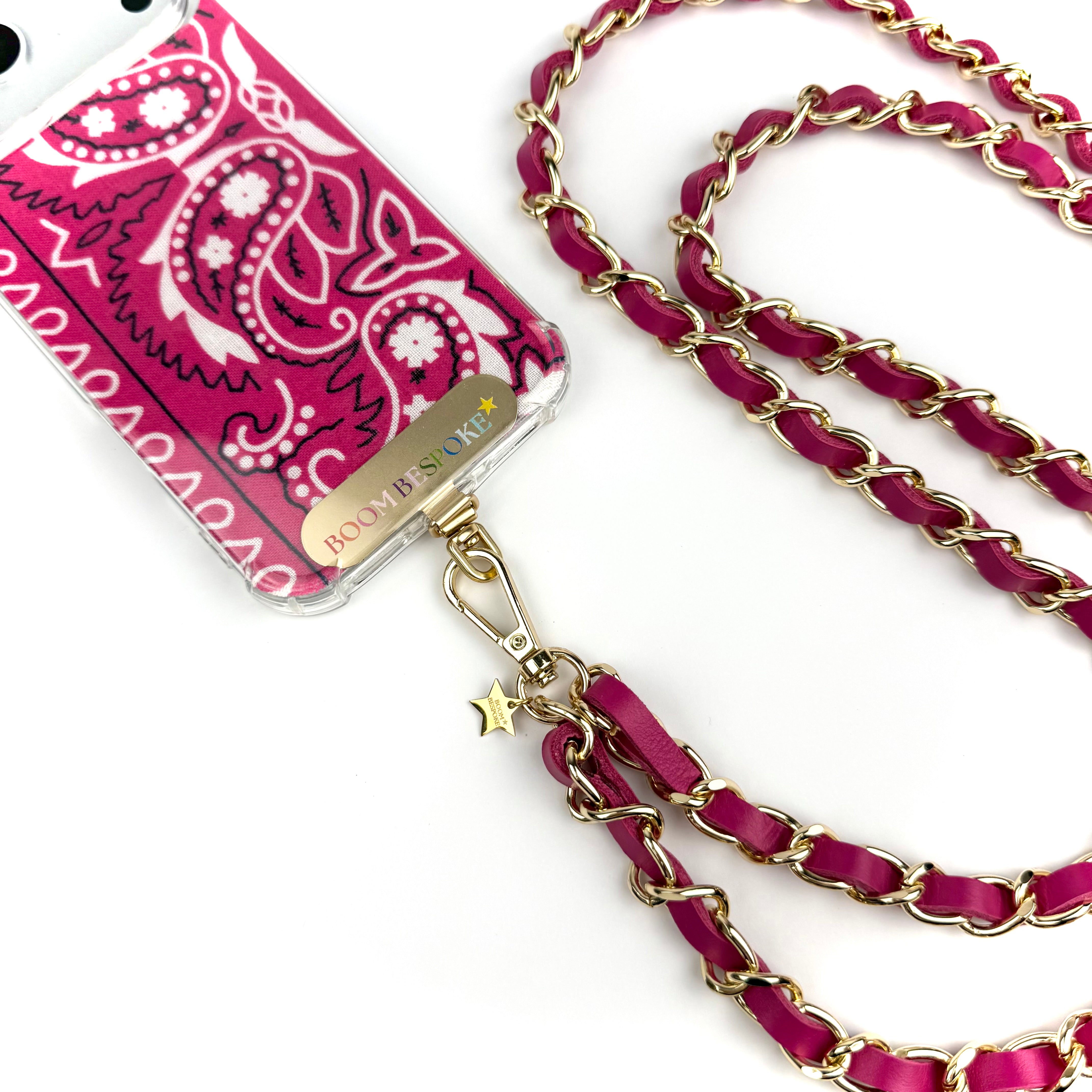 ‘FLAMINGO’ PINK LEATHER GOLD CHAIN CROSSBODY PHONE STRAP
