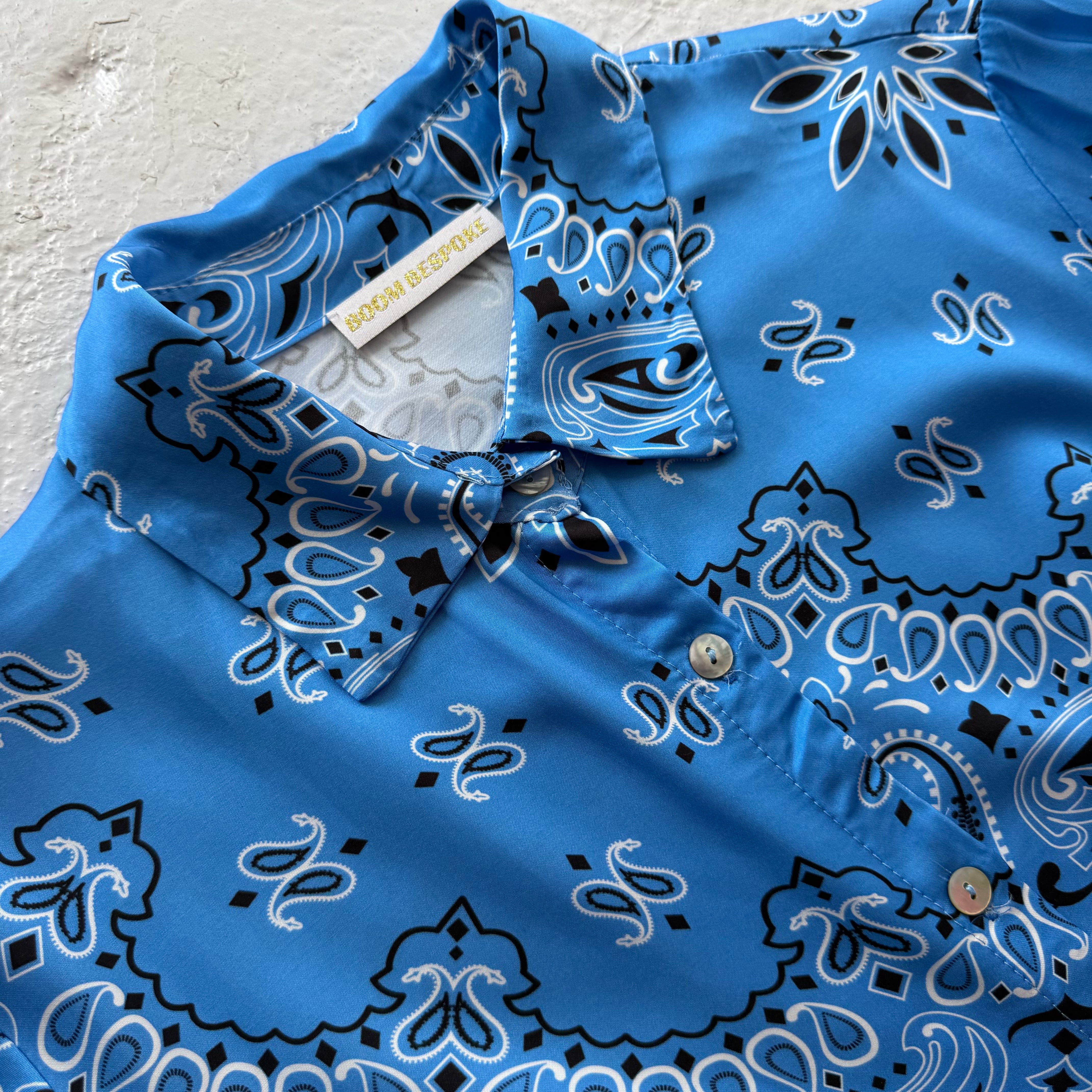 ‘AZURE’ BLUE BANDANA SILK MAXI SHIRT DRESS