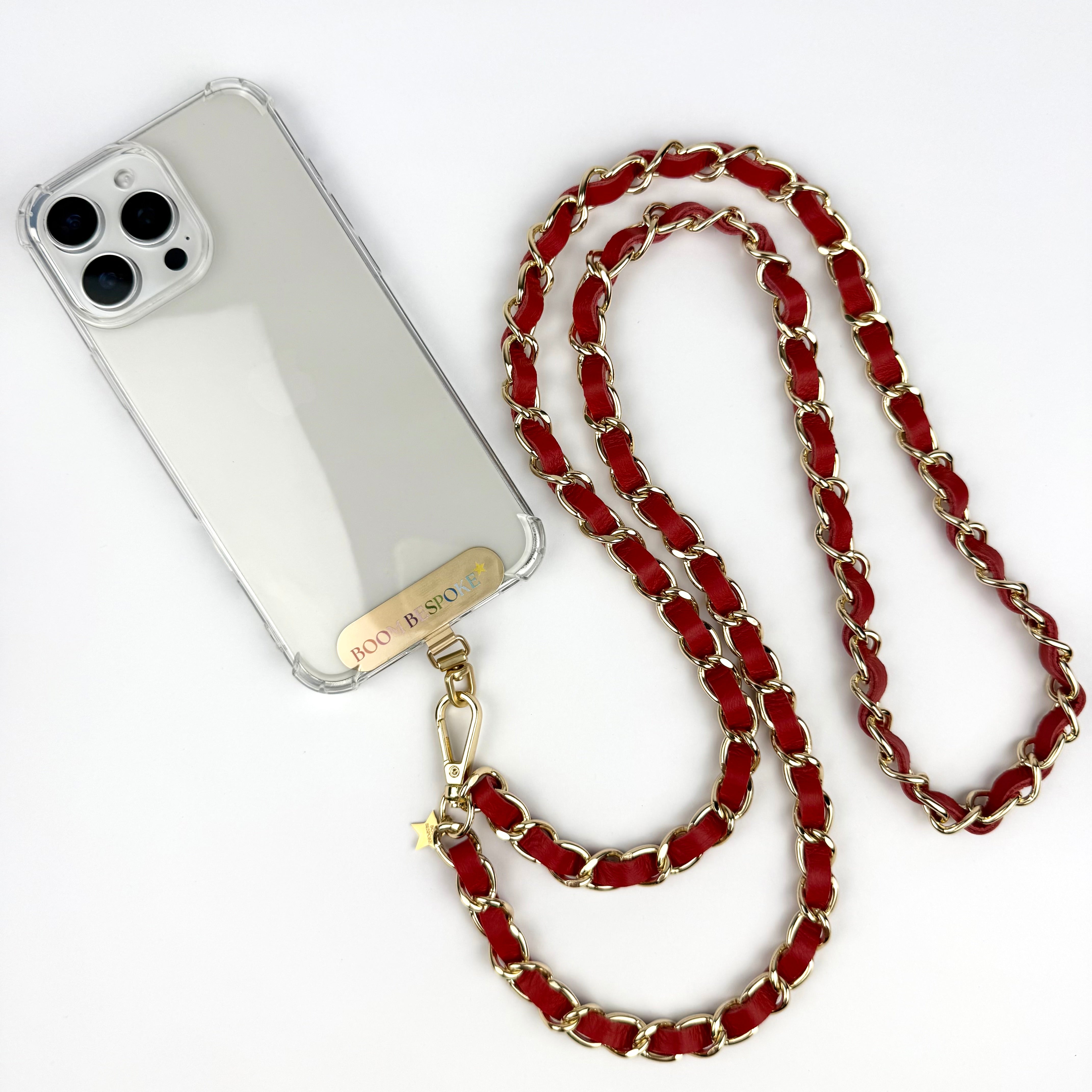 ‘CHERRY’ RED LEATHER GOLD CHAIN CROSSBODY PHONE STRAP