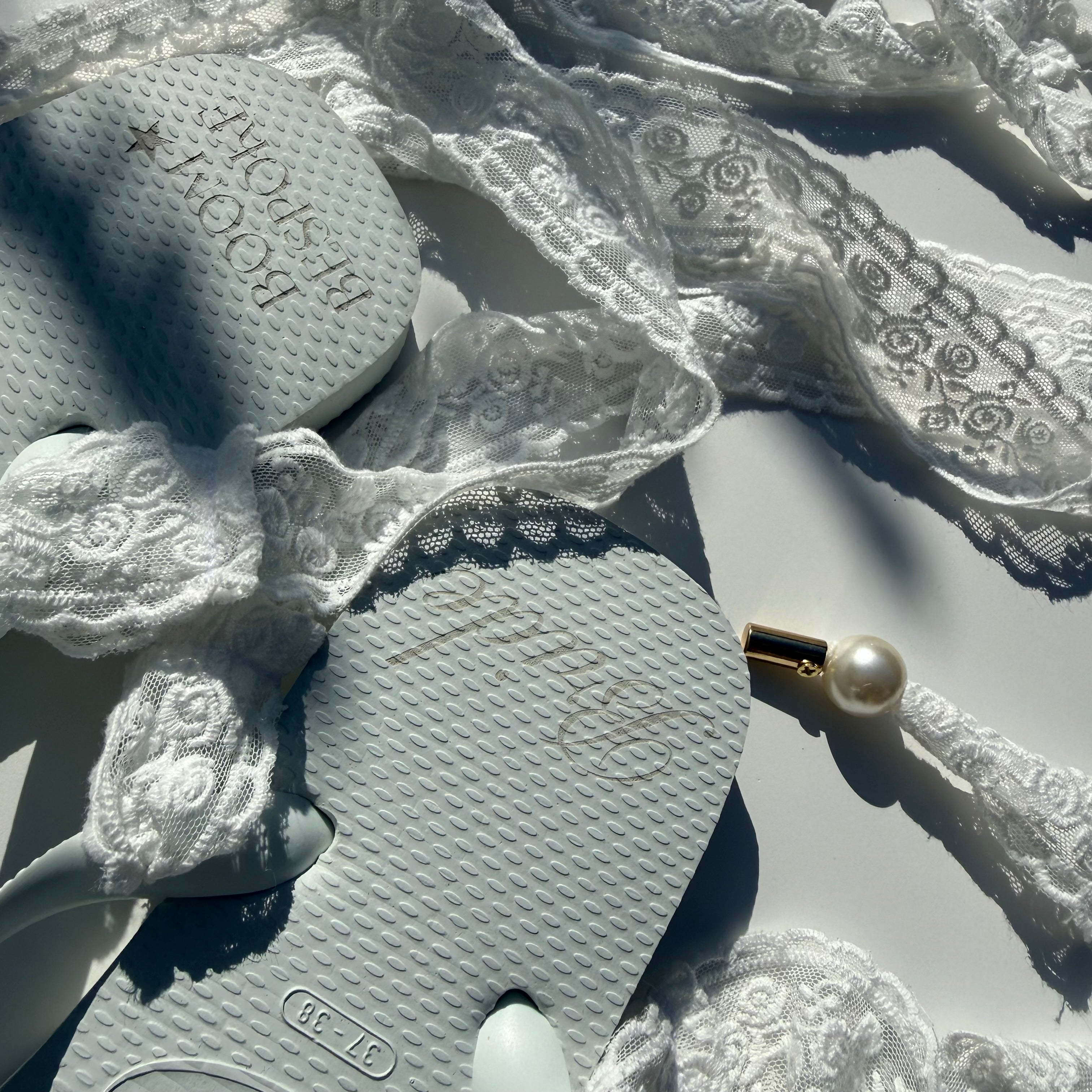 ‘BRIDE’ WHITE LACE HAVAIANAS TOP FLIP FLOPS BY BOOM BESPOKE