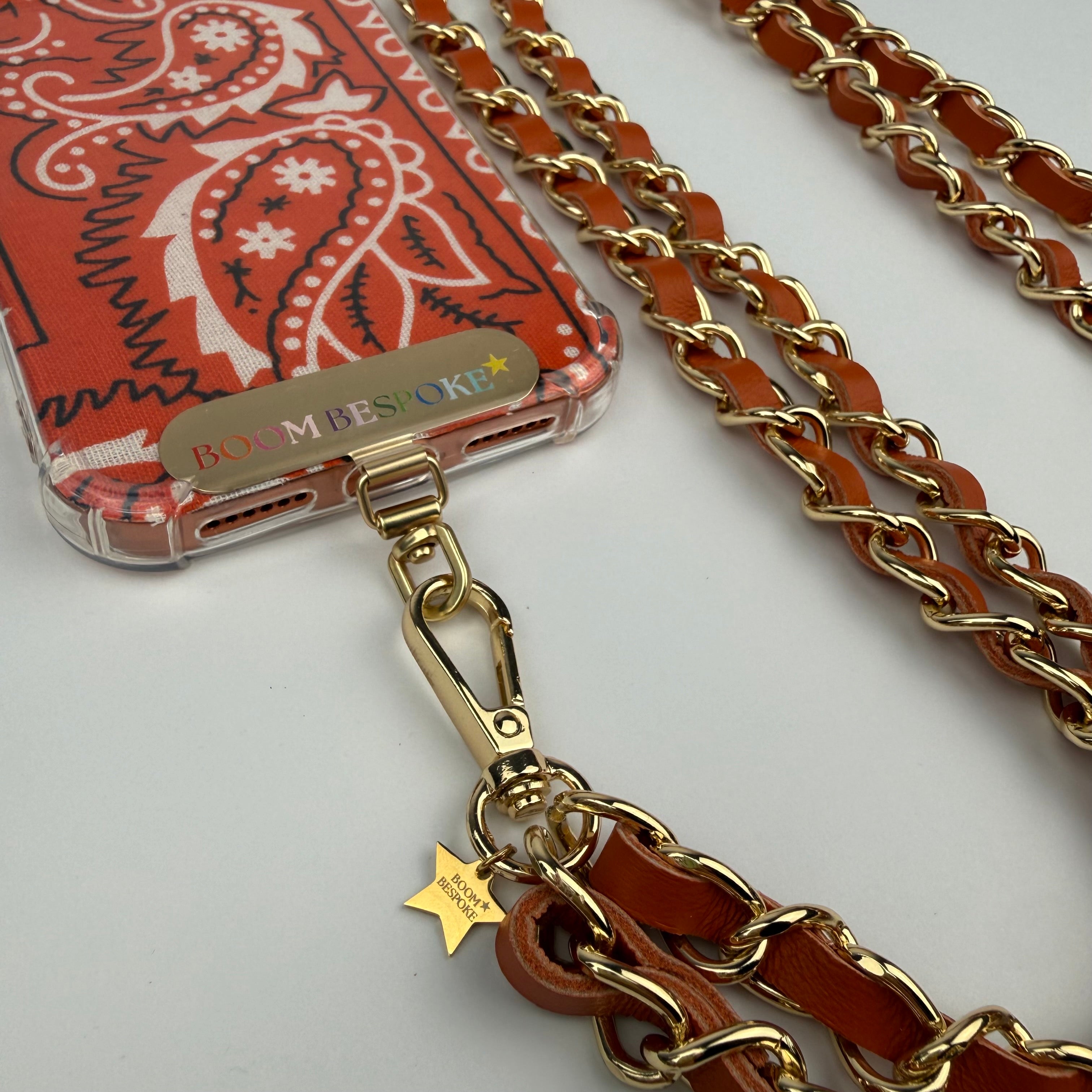‘VIT C’ ORANGE LEATHER GOLD CHAIN CROSSBODY PHONE STRAP