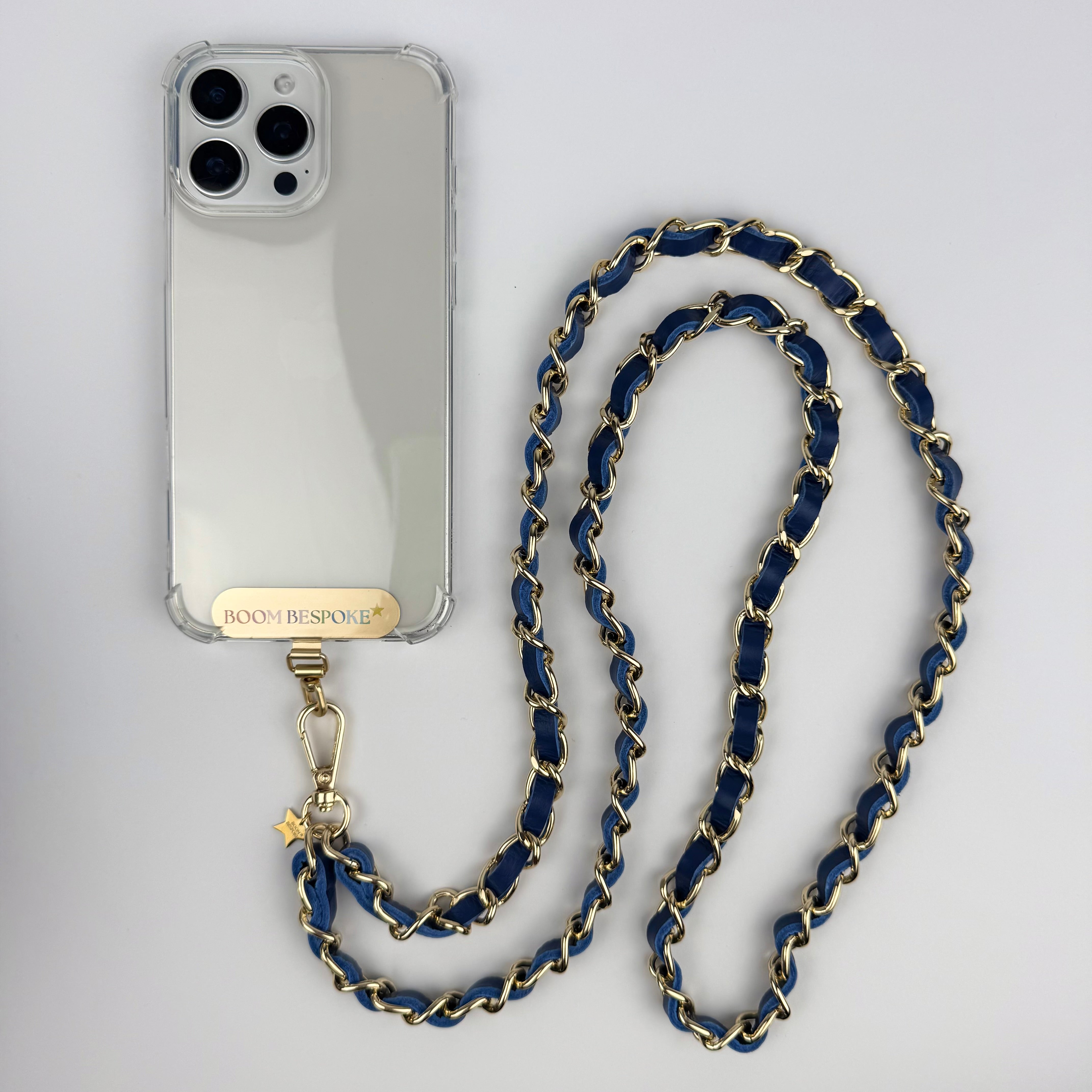 ‘PETROL’ BLUE LEATHER GOLD CHAIN CROSSBODY PHONE STRAP