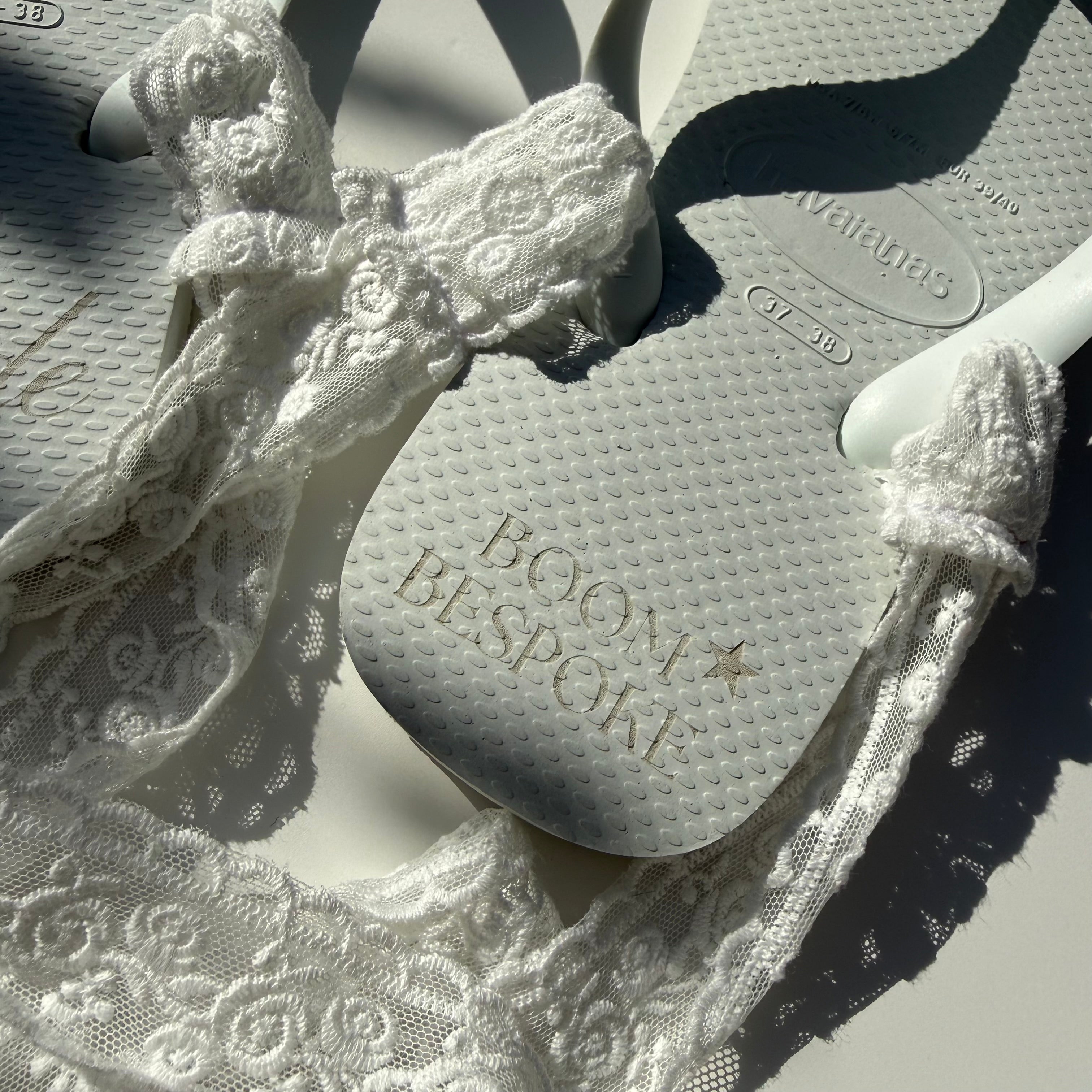 ‘BRIDE’ WHITE LACE HAVAIANAS TOP FLIP FLOPS BY BOOM BESPOKE
