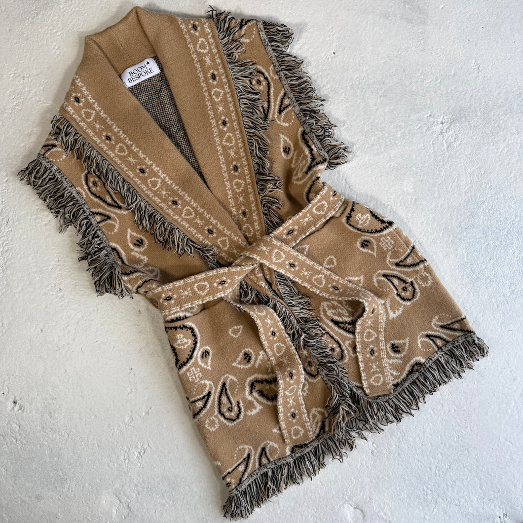 PREORDER ‘LATTE’ BANDANA KNIT BELTED LONGLINE SLEEVELESS CARDIGAN
