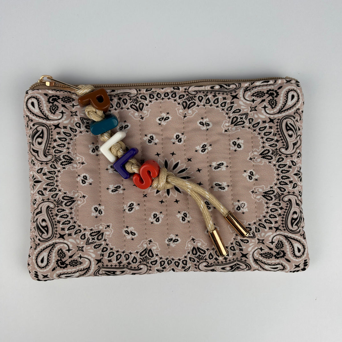 BEIGE BESPOKE CHUNKY LETTER BEAD BANDANA ZIP POUCH