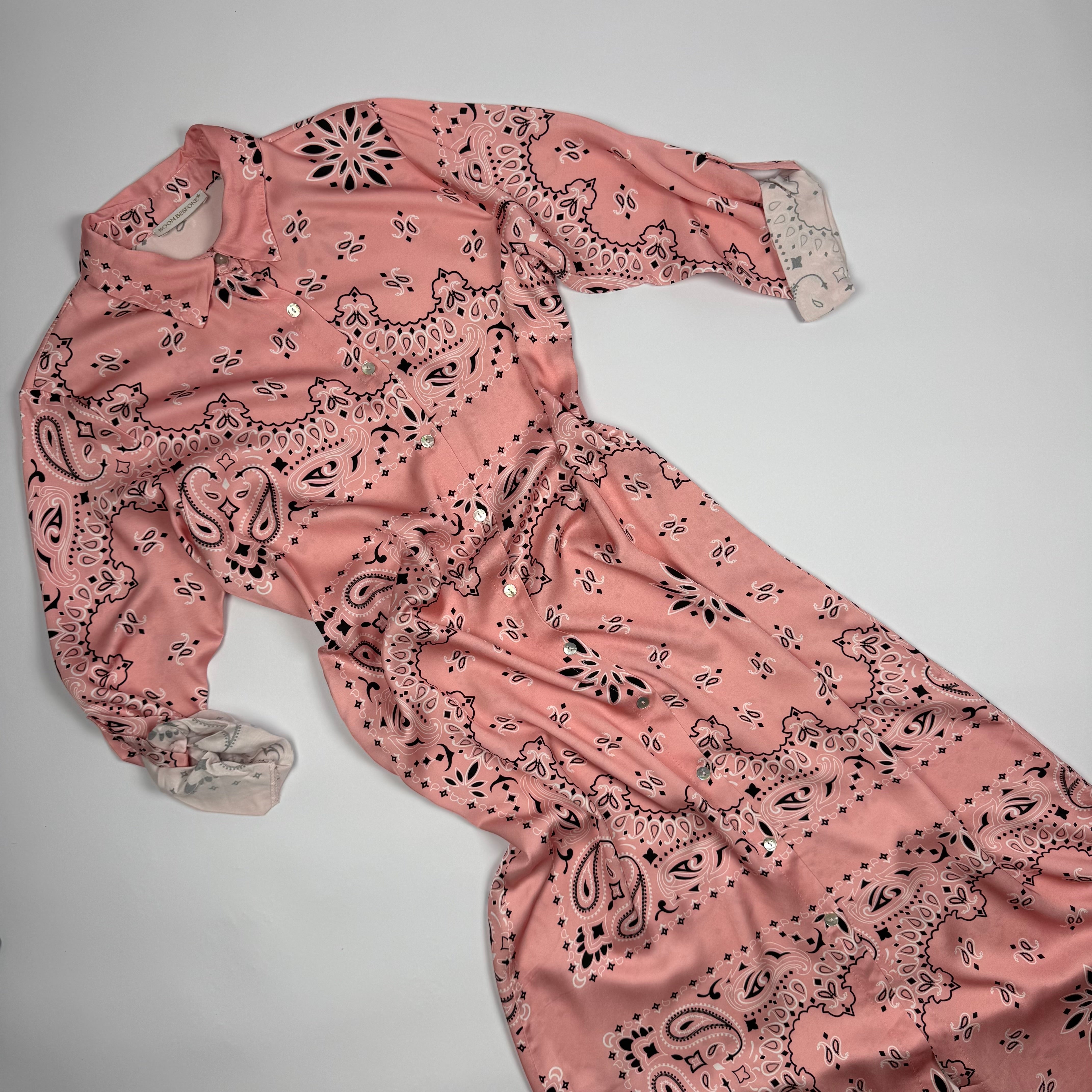 ‘ROSÉ’ PINK BANDANA SILK MAXI SHIRT DRESS
