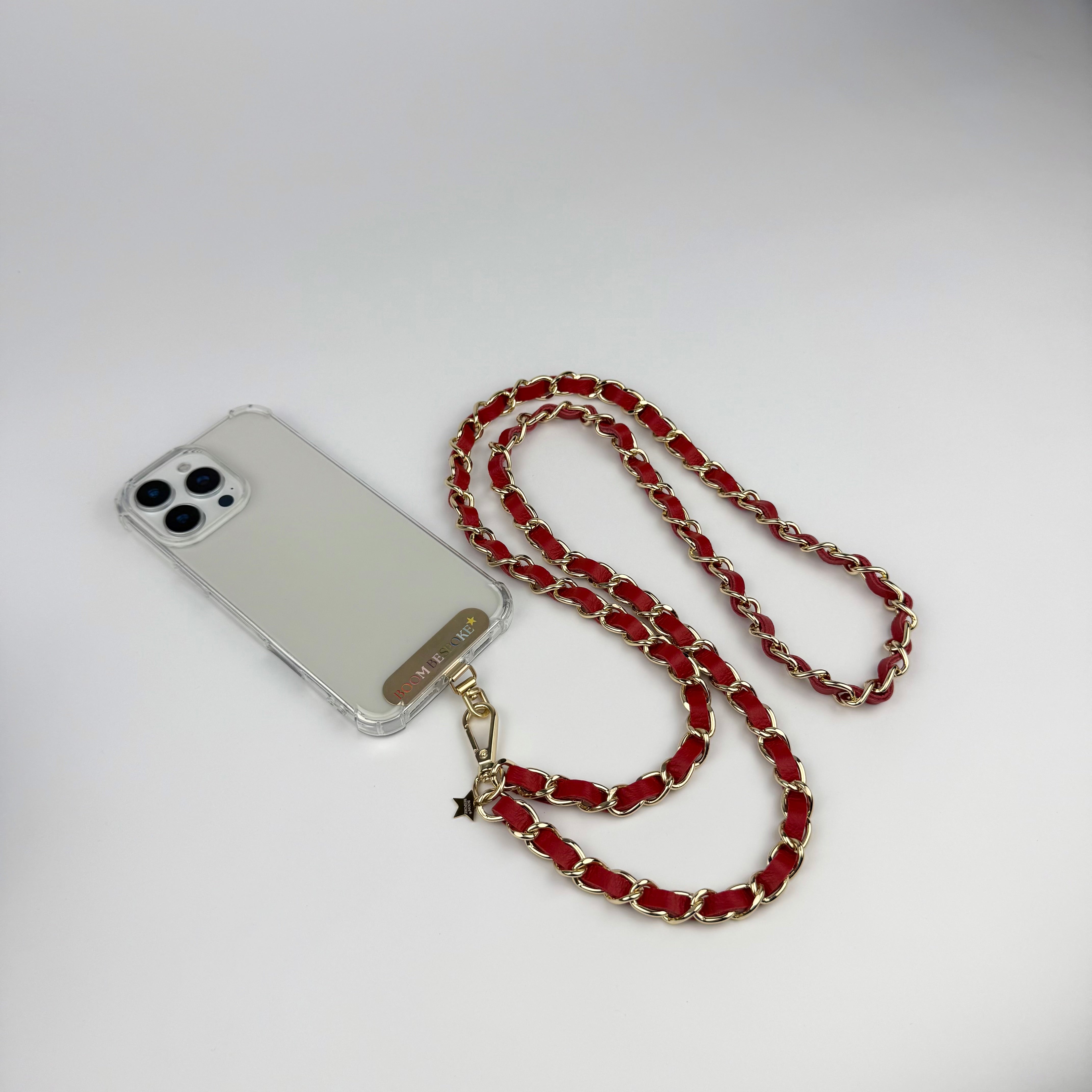 ‘CHERRY’ RED LEATHER GOLD CHAIN CROSSBODY PHONE STRAP