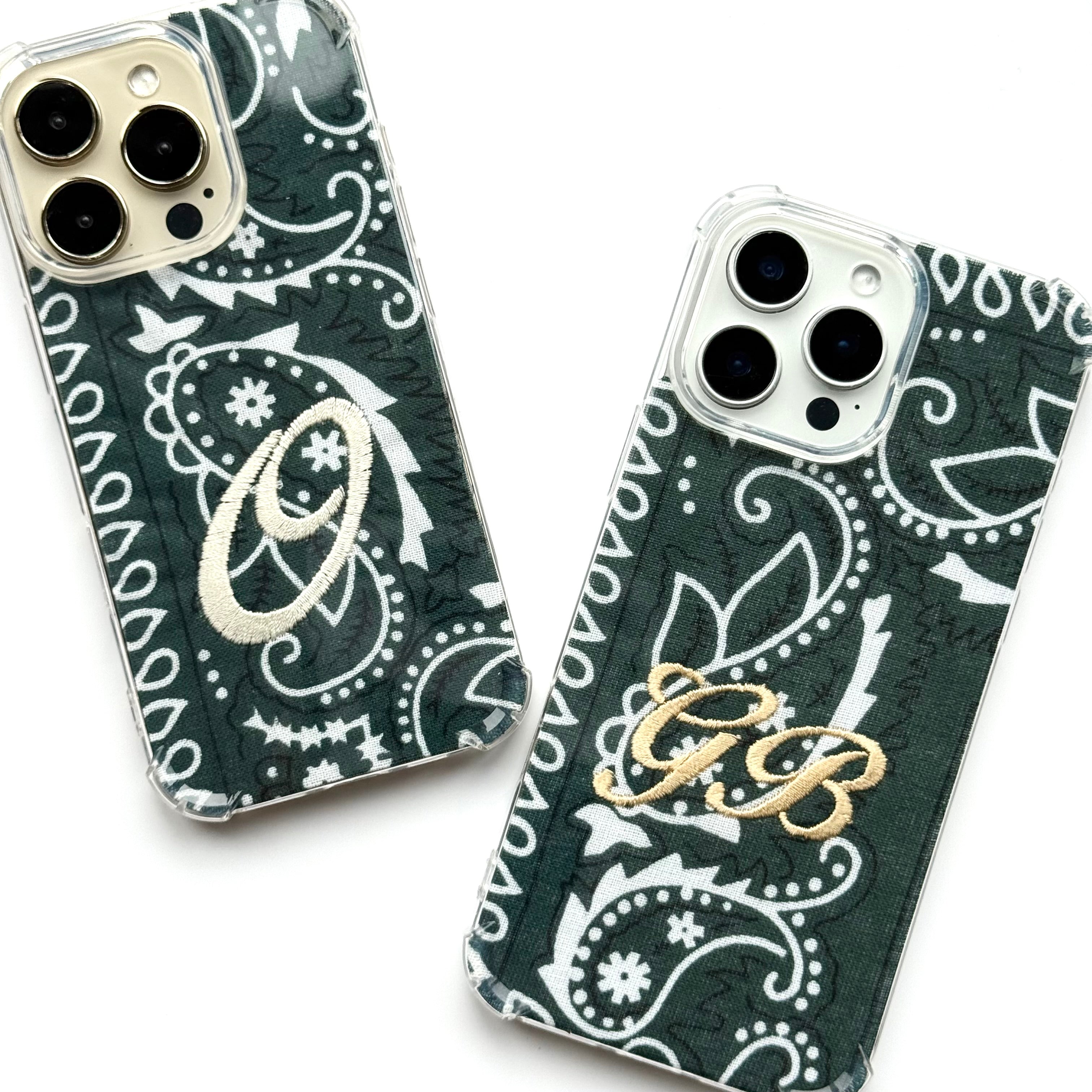 DARK GREEN EMBROIDERED BANDANA PHONE INSERT WITH CASE