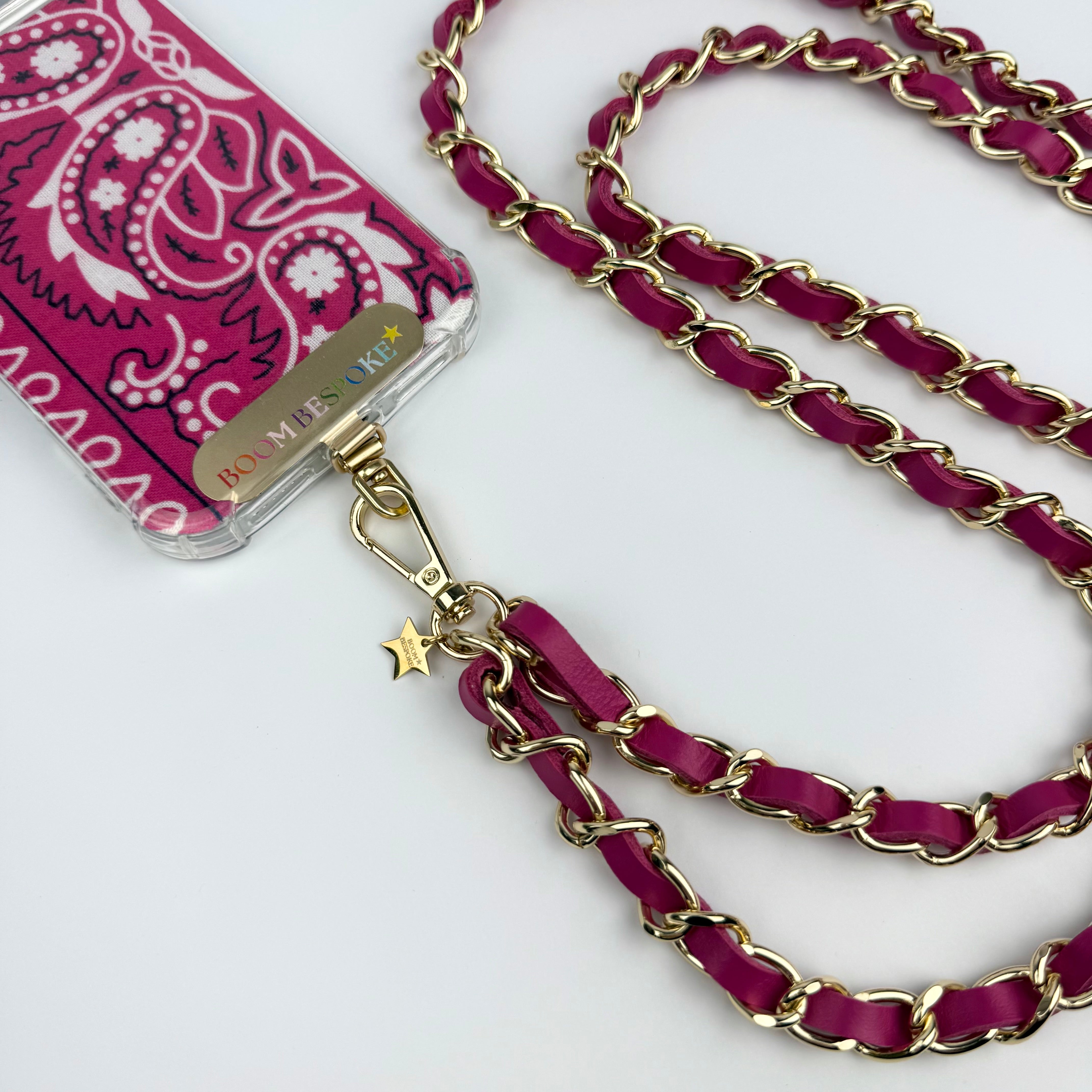‘FLAMINGO’ PINK LEATHER GOLD CHAIN CROSSBODY PHONE STRAP